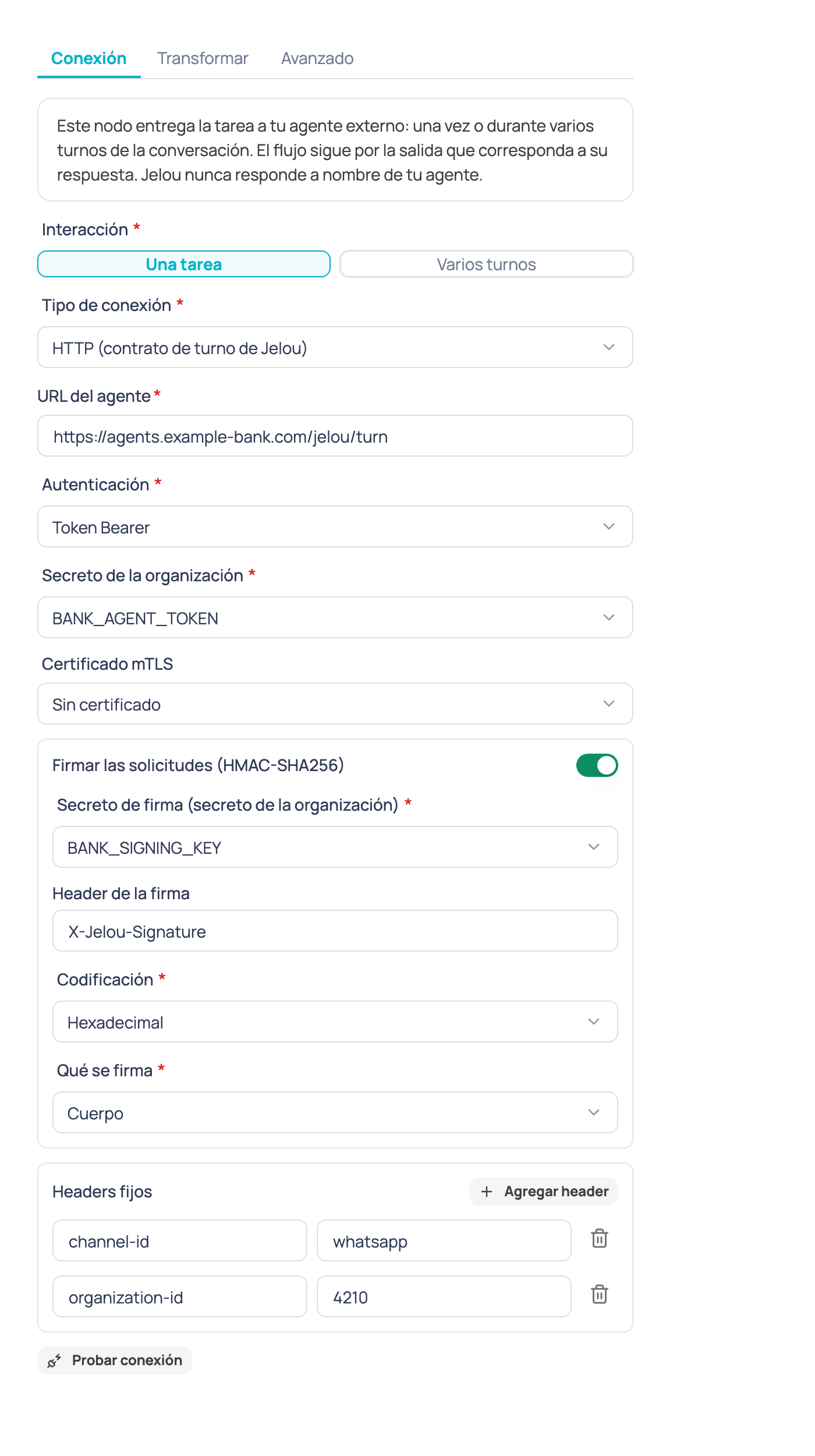 Pestaña Conexión del nodo Agente de IA externo con la URL del agente, autenticación, certificado mTLS, firma HMAC y headers fijos