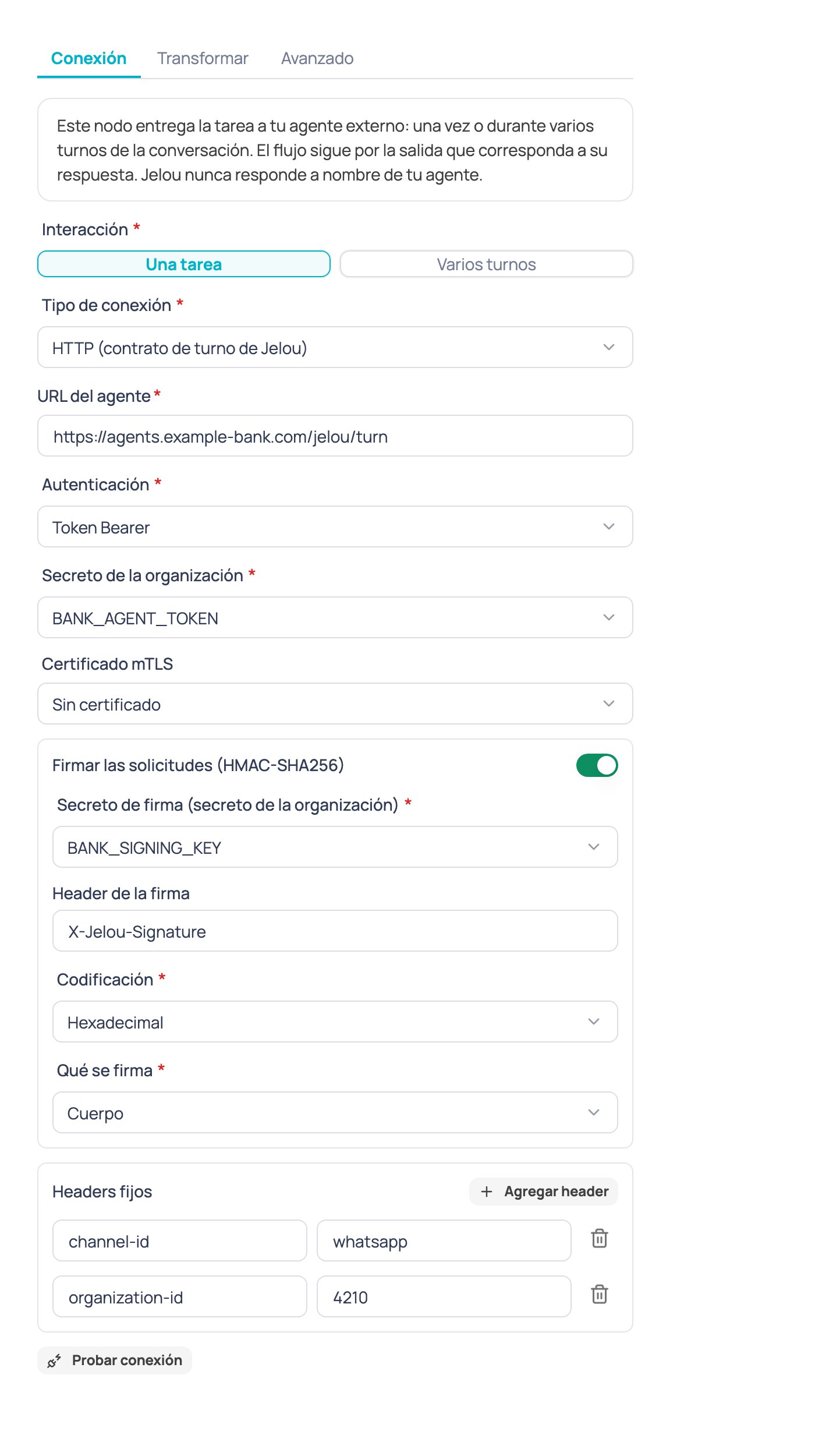Pestaña Conexión del nodo Agente de IA externo con la URL del agente, autenticación, certificado mTLS, firma HMAC y headers fijos