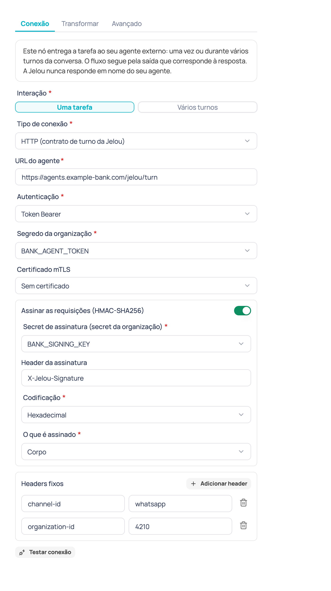 Aba Conexão do nó Agente de IA externo com a URL do agente, autenticação, certificado mTLS, assinatura HMAC e headers fixos