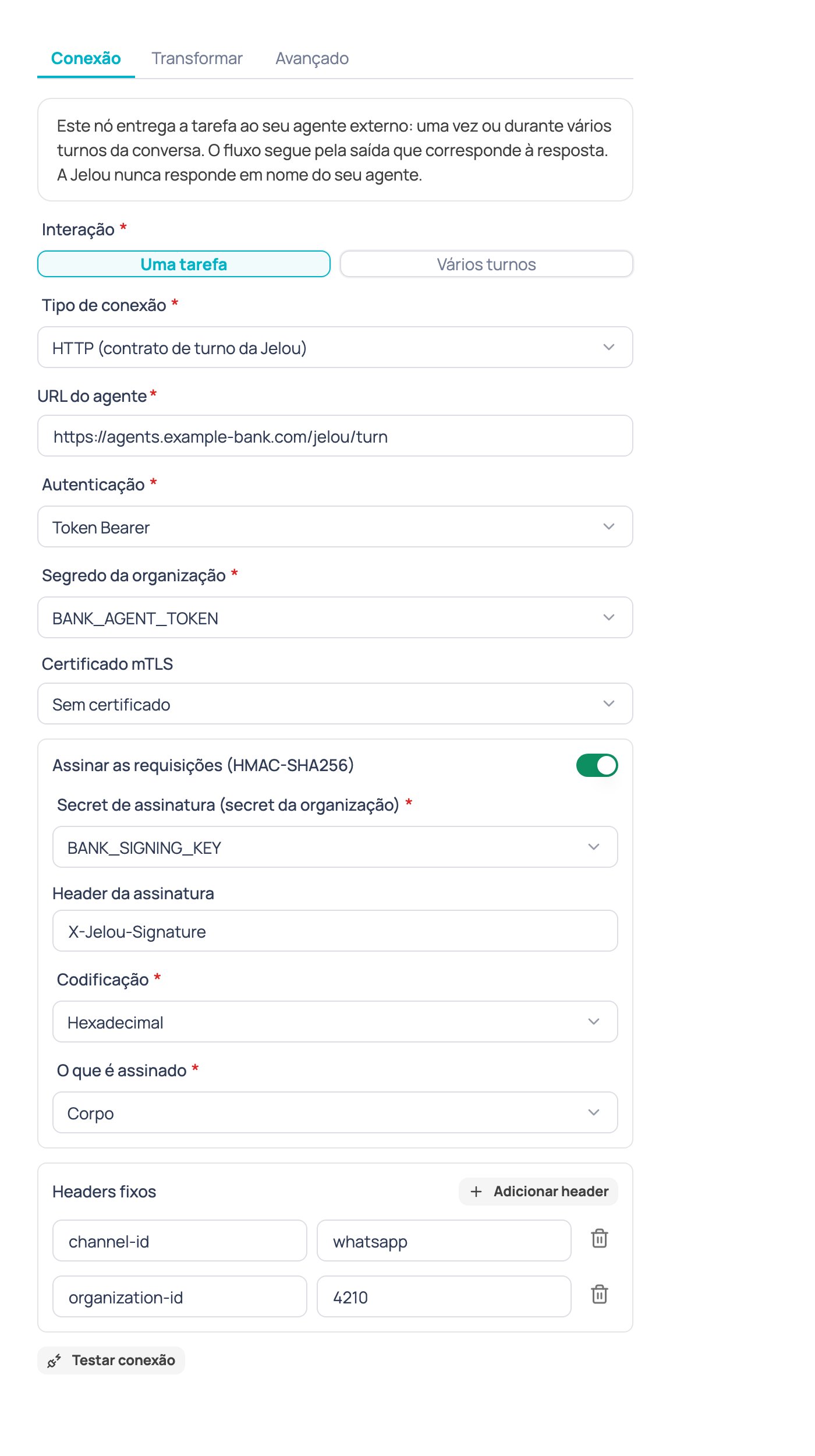 Aba Conexão do nó Agente de IA externo com a URL do agente, autenticação, certificado mTLS, assinatura HMAC e headers fixos