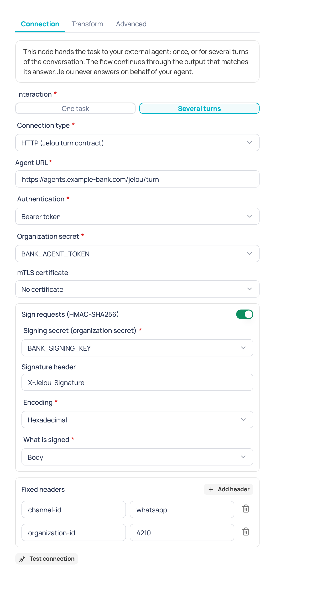 External AI agent node configuration with the Several turns interaction selected