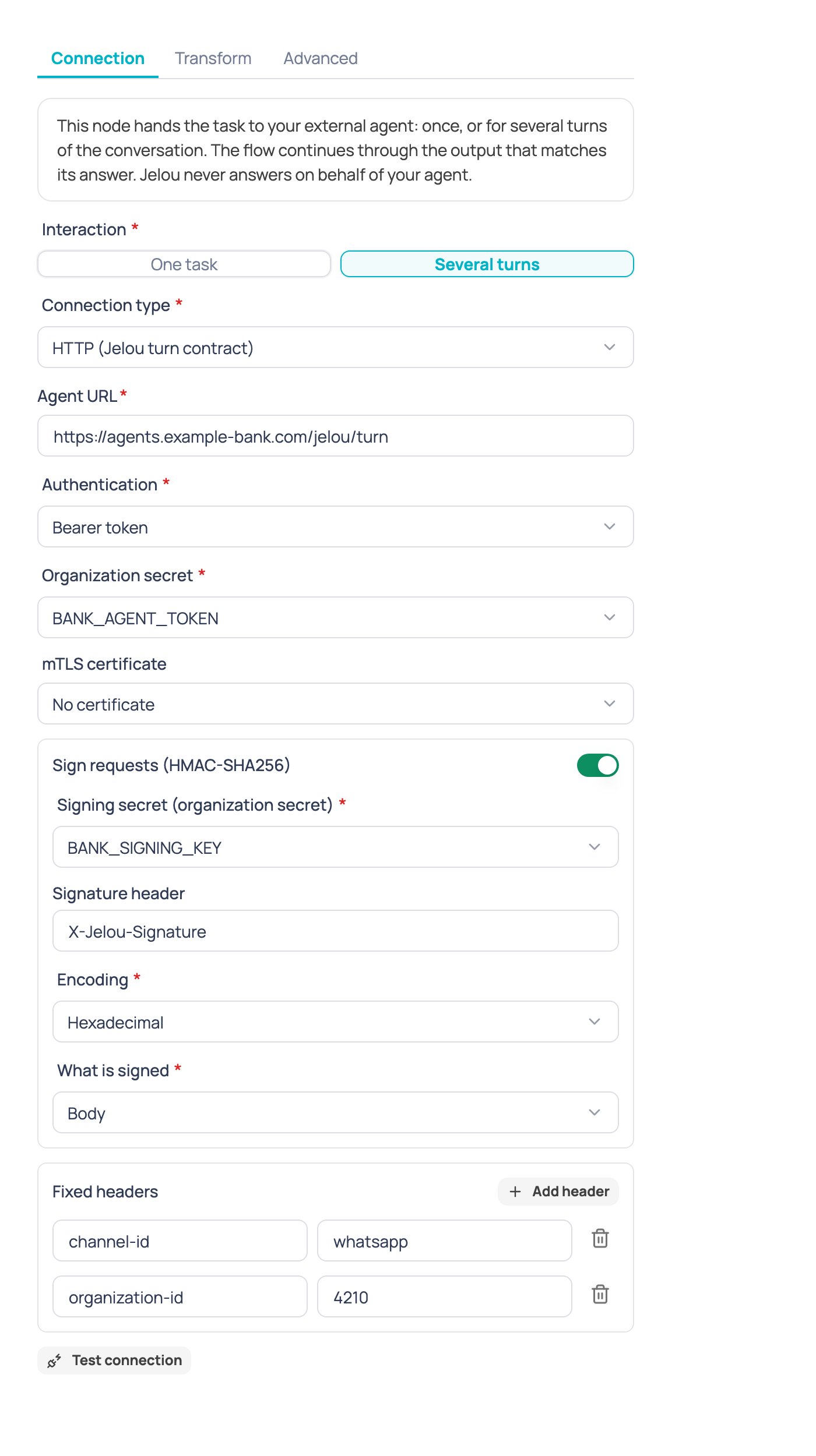 External AI agent node configuration with the Several turns interaction selected