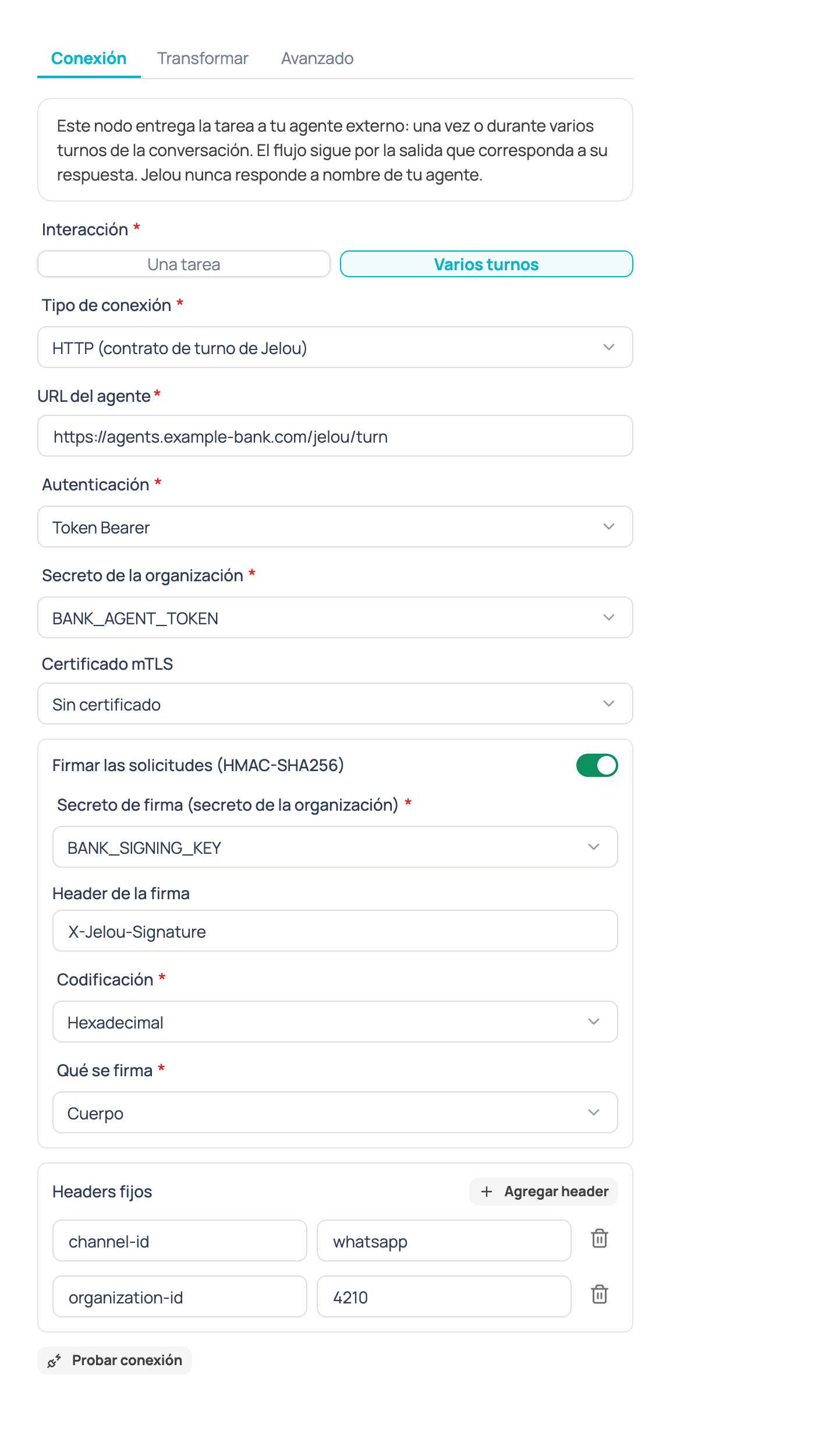 Configuración del nodo Agente de IA externo con la interacción Varios turnos seleccionada