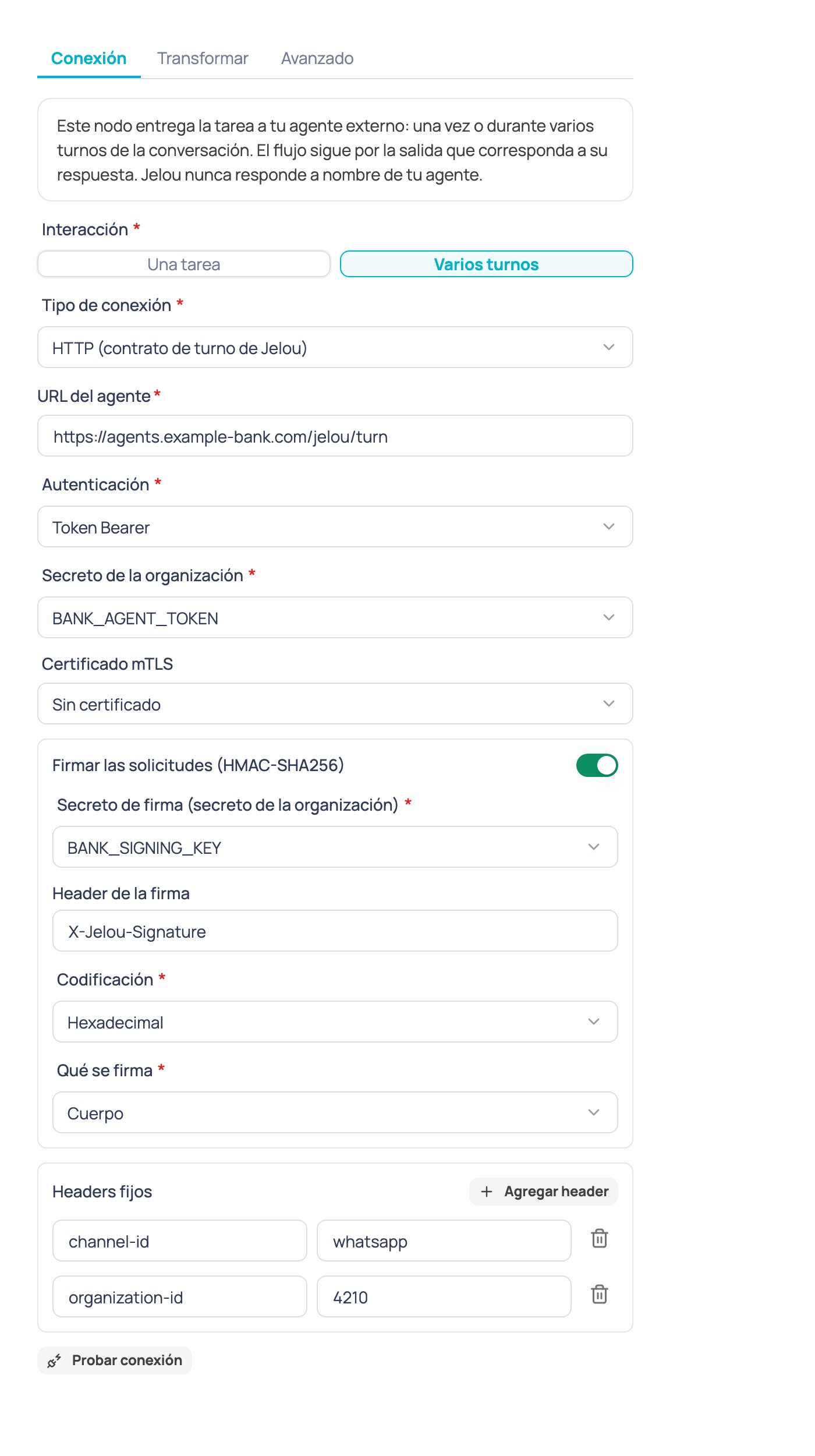 Configuración del nodo Agente de IA externo con la interacción Varios turnos seleccionada