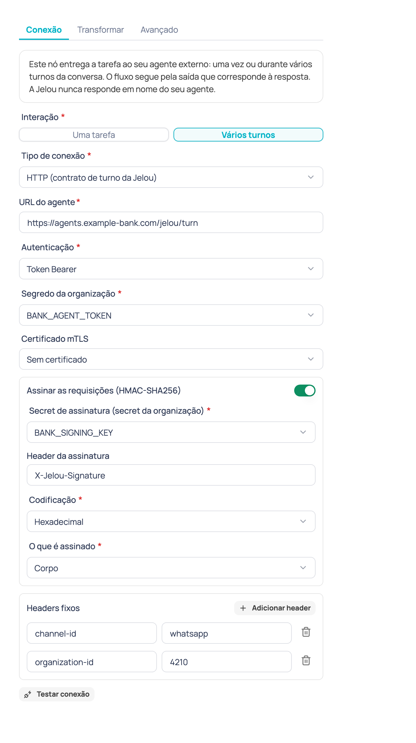 Configuração do nó Agente de IA externo com a interação Vários turnos selecionada