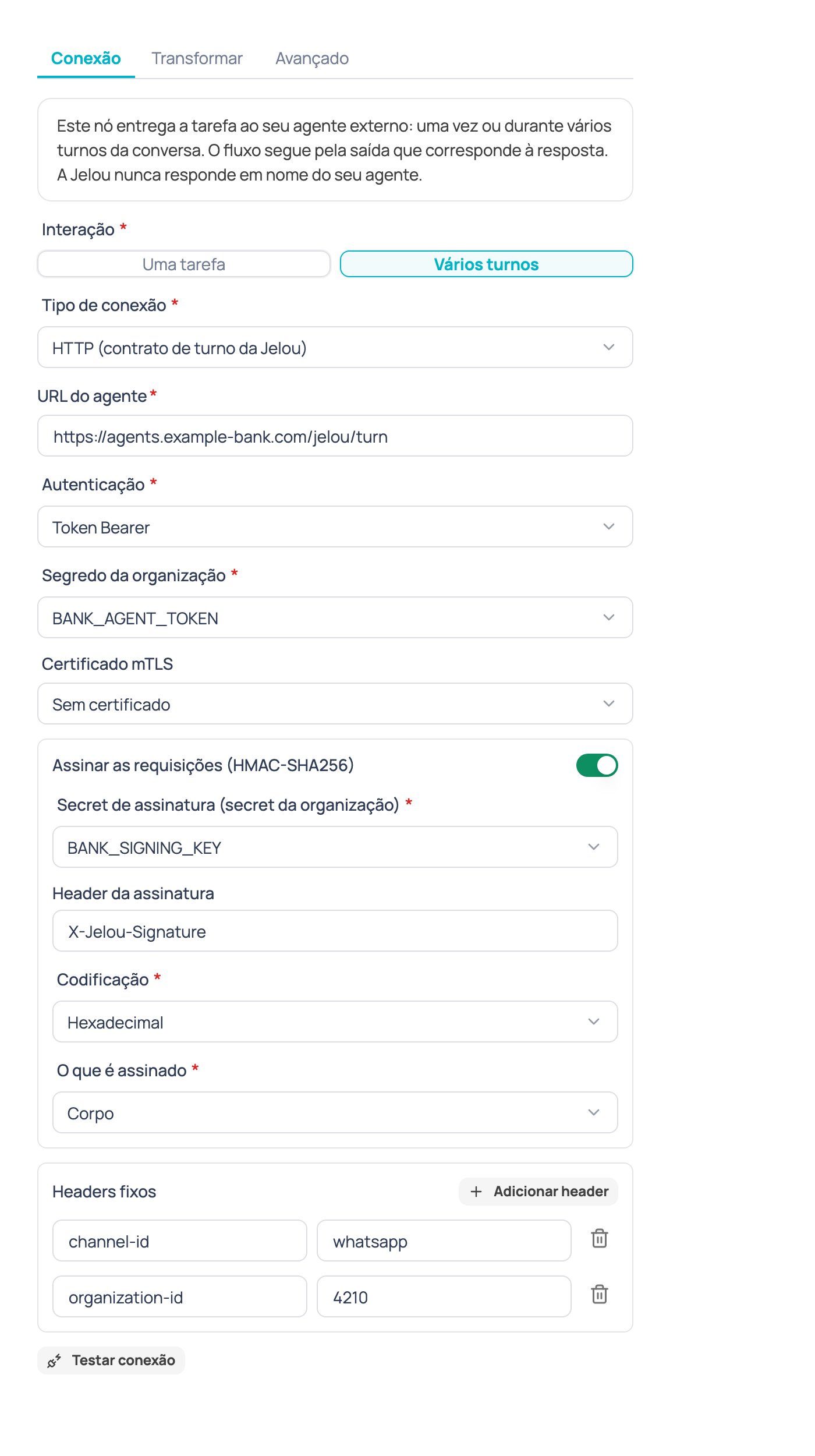 Configuração do nó Agente de IA externo com a interação Vários turnos selecionada