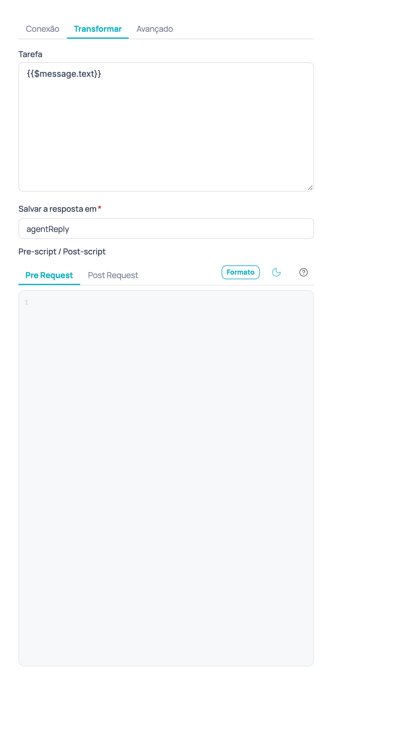 Aba Transformar do nó Agente de IA externo com o campo Tarefa, a variável Salvar a resposta em, e o editor de Pre Request / Post Request