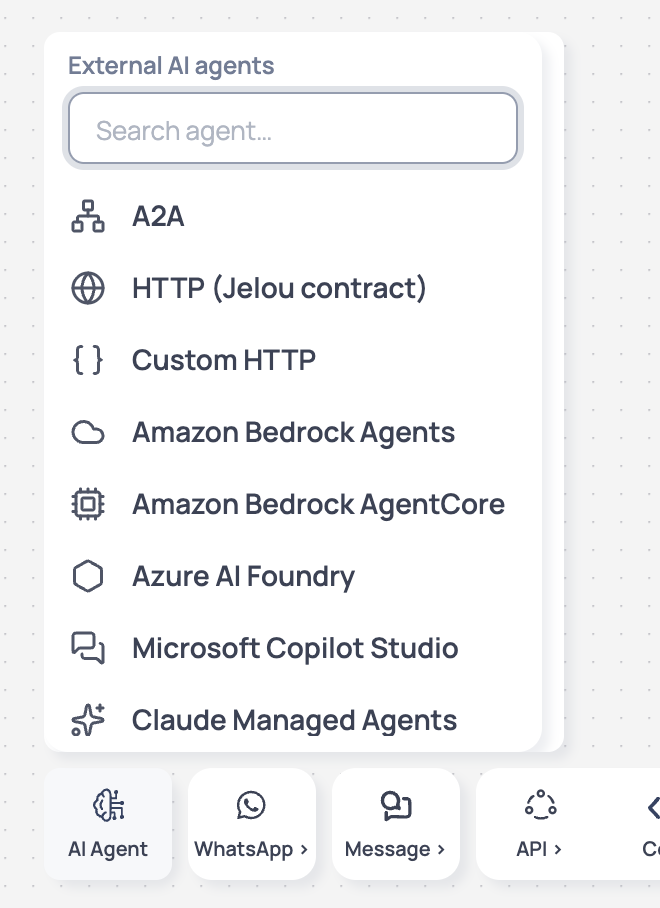 External AI agent selector that appears when hovering over the AI Agent toolbar item