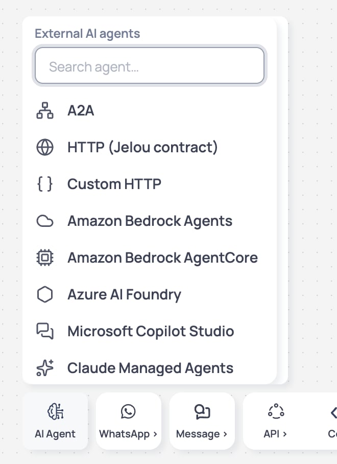 External AI agent selector that appears when hovering over the AI Agent toolbar item