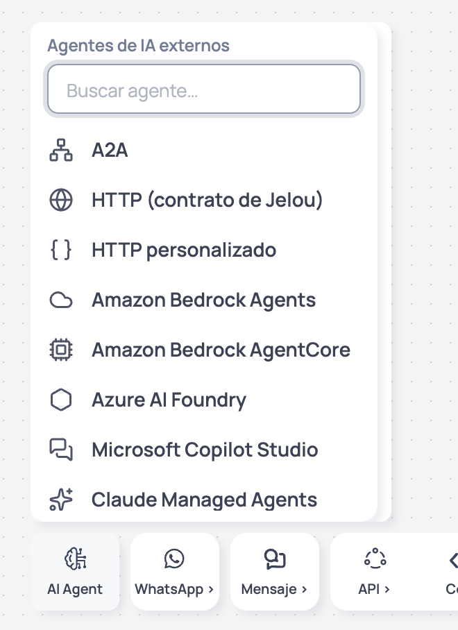 Selector de agentes de IA externos que aparece al mantener el cursor sobre el ítem AI Agent de la barra de herramientas