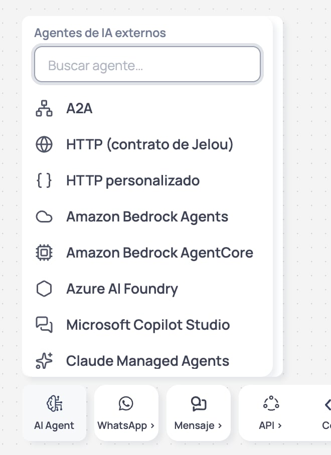 Selector de agentes de IA externos que aparece al mantener el cursor sobre el ítem AI Agent de la barra de herramientas
