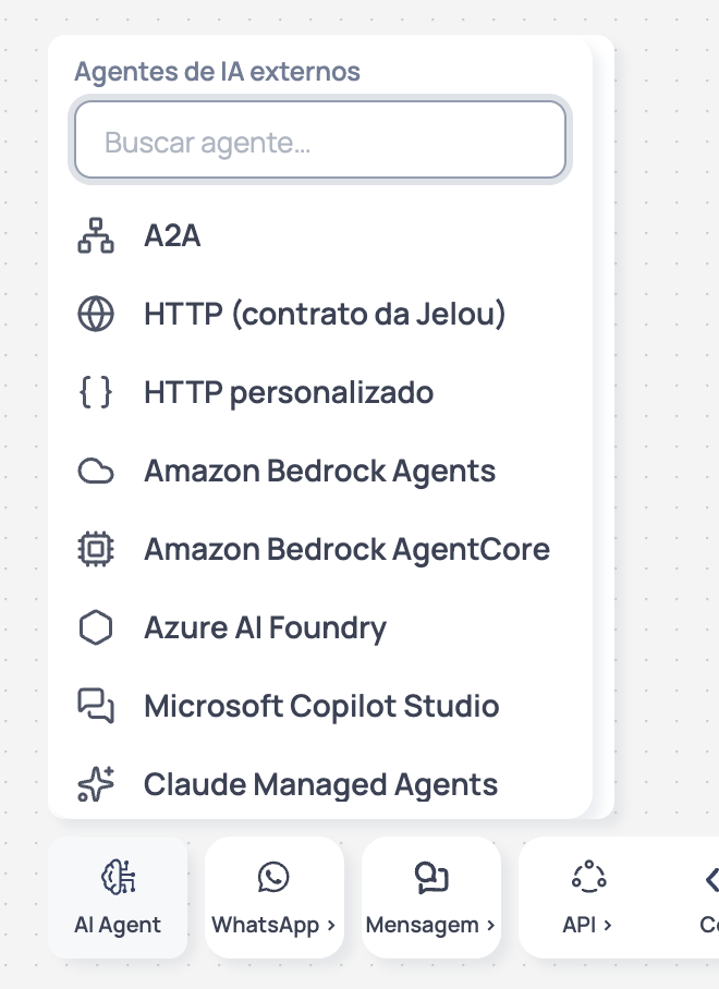 Seletor de agentes de IA externos que aparece ao passar o cursor sobre o item AI Agent da barra de ferramentas