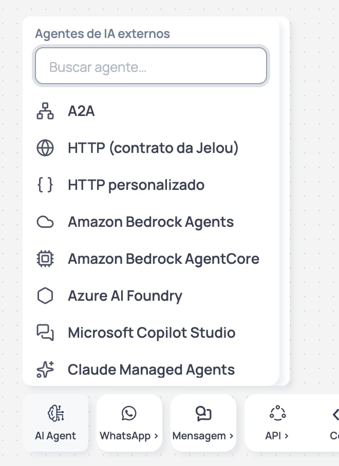 Seletor de agentes de IA externos que aparece ao passar o cursor sobre o item AI Agent da barra de ferramentas