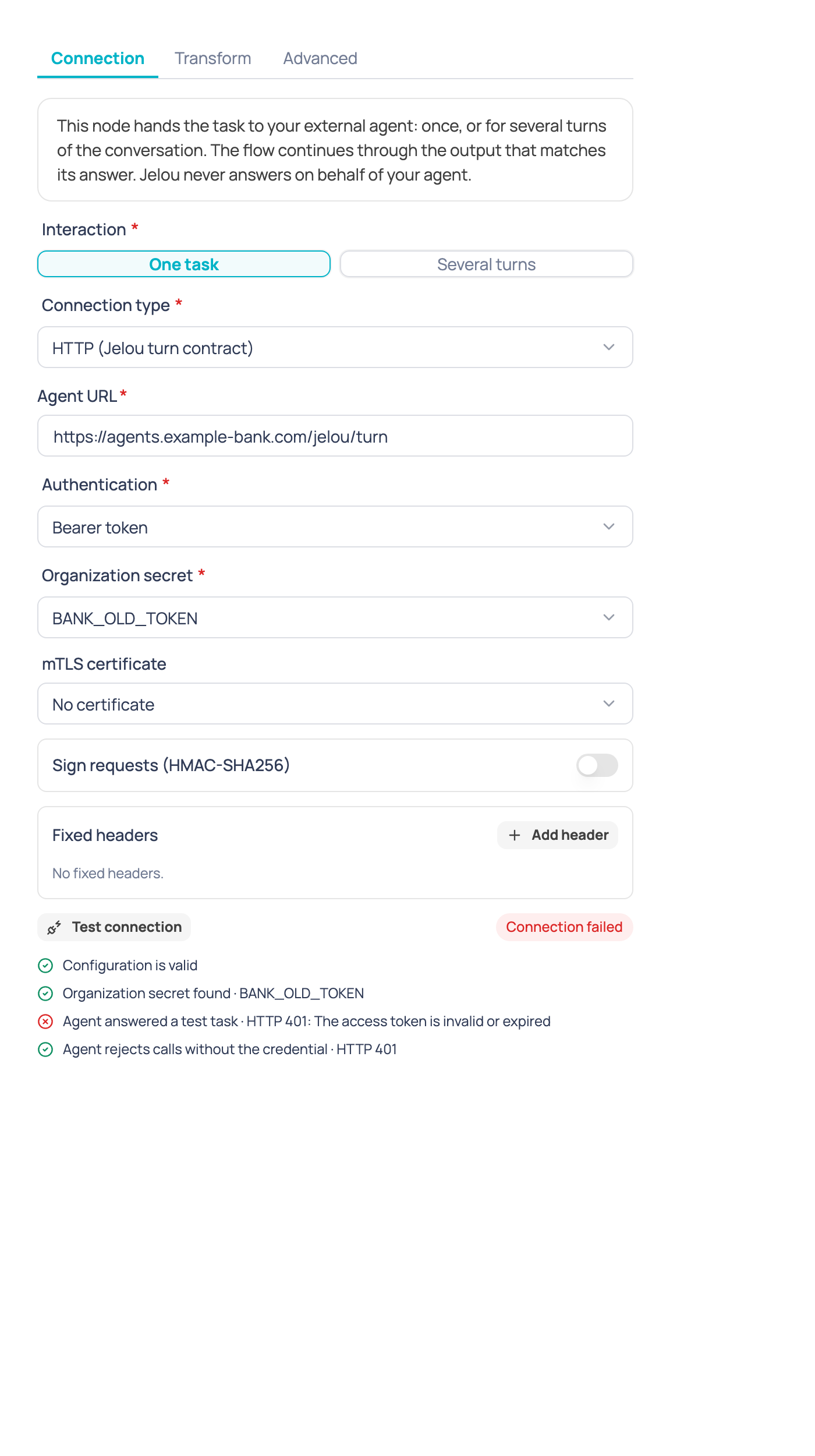 Test connection result when a check fails, with the detail of what failed and why