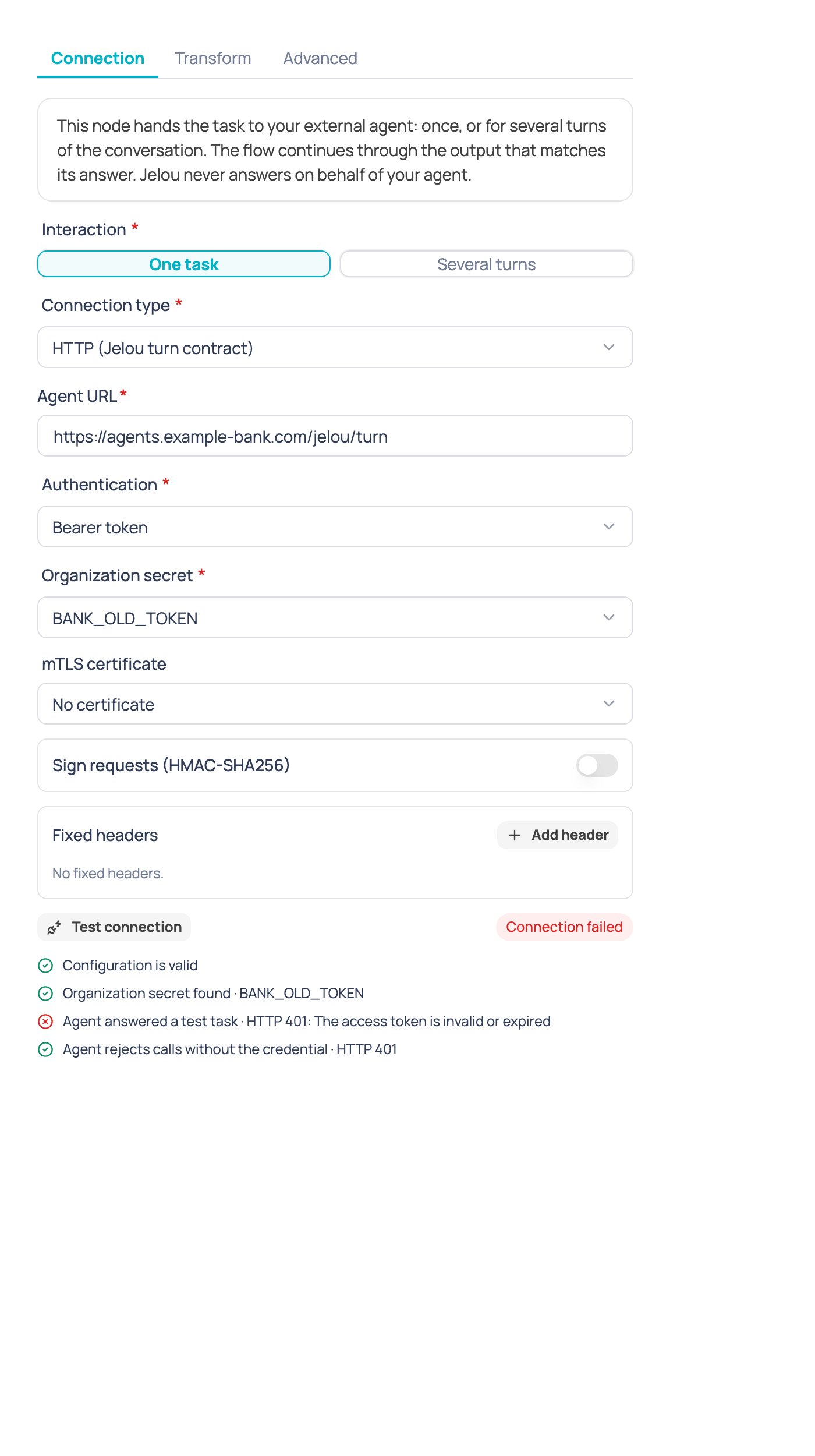 Test connection result when a check fails, with the detail of what failed and why