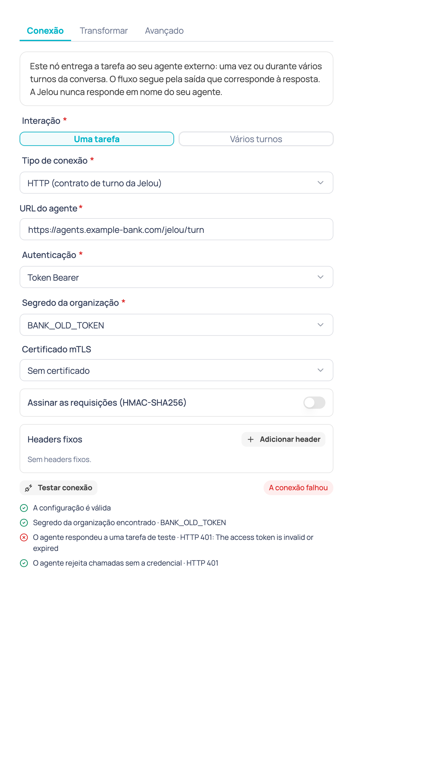 Resultado de Testar conexão quando uma verificação falha, com o detalhe do que falhou e por quê