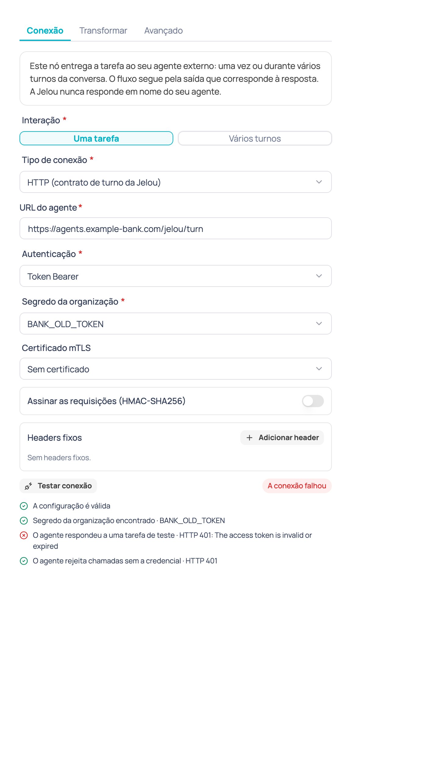 Resultado de Testar conexão quando uma verificação falha, com o detalhe do que falhou e por quê