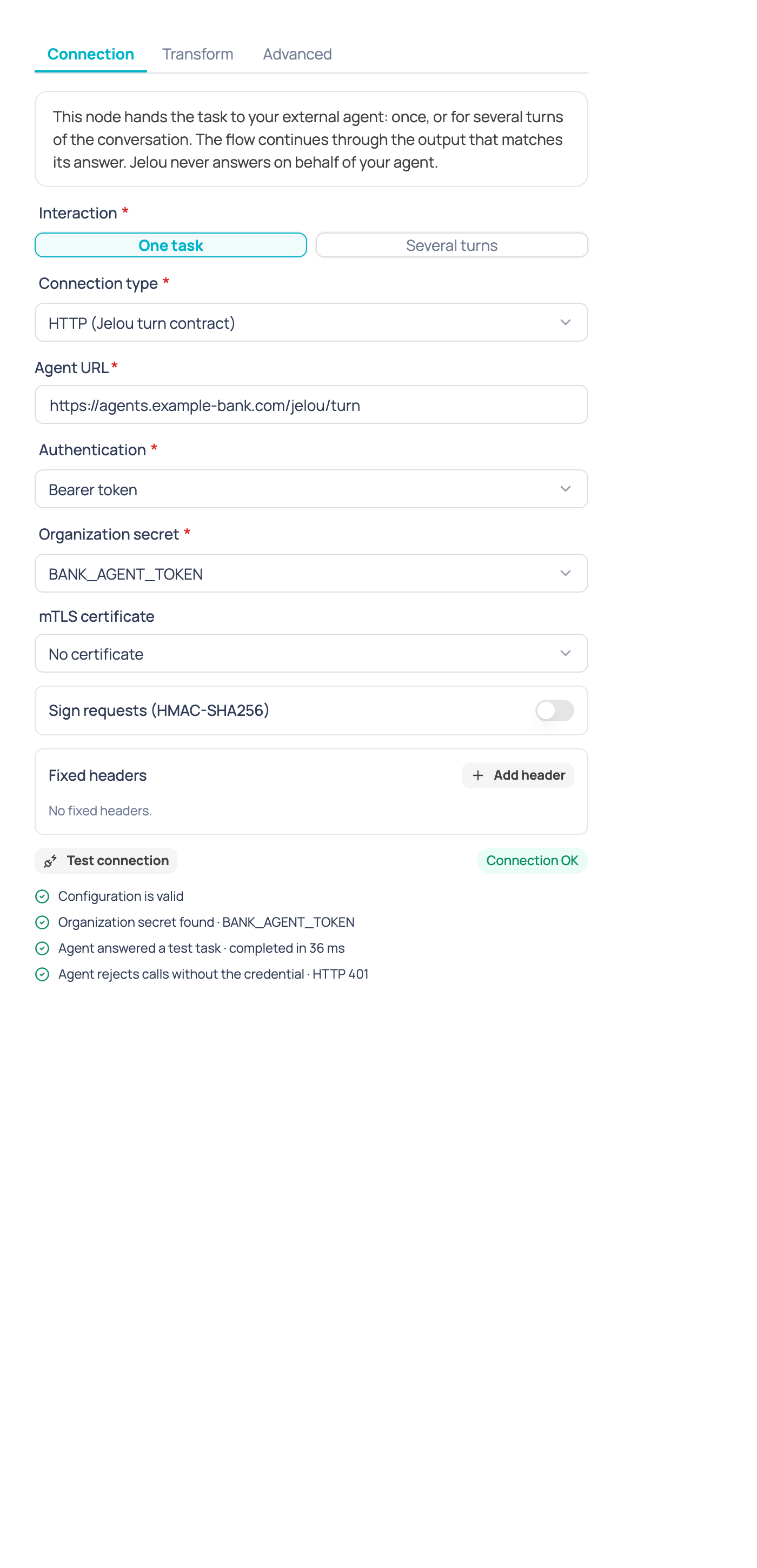 Test connection result when every check passes, with the message 'Connection OK'