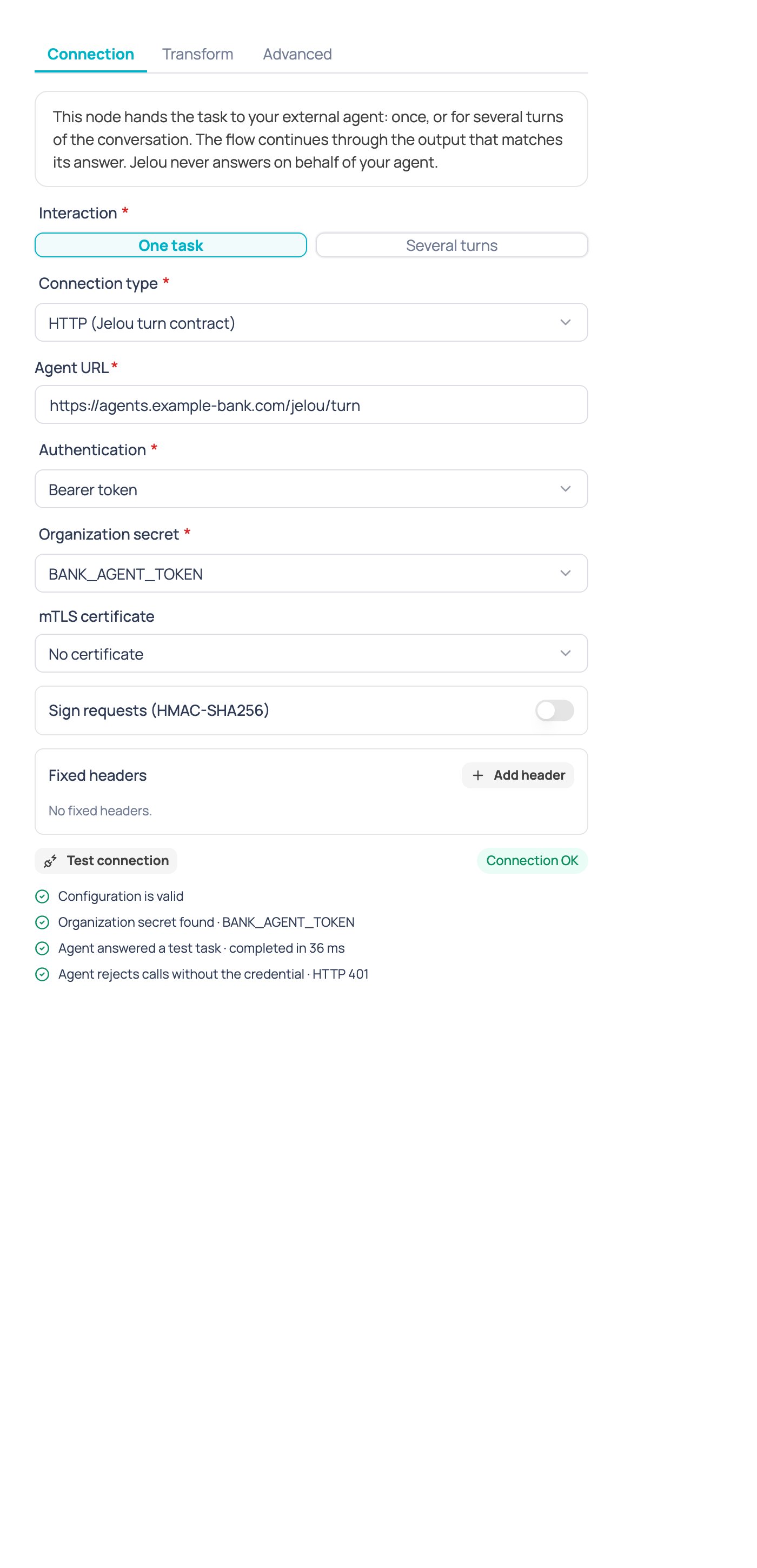Test connection result when every check passes, with the message 'Connection OK'