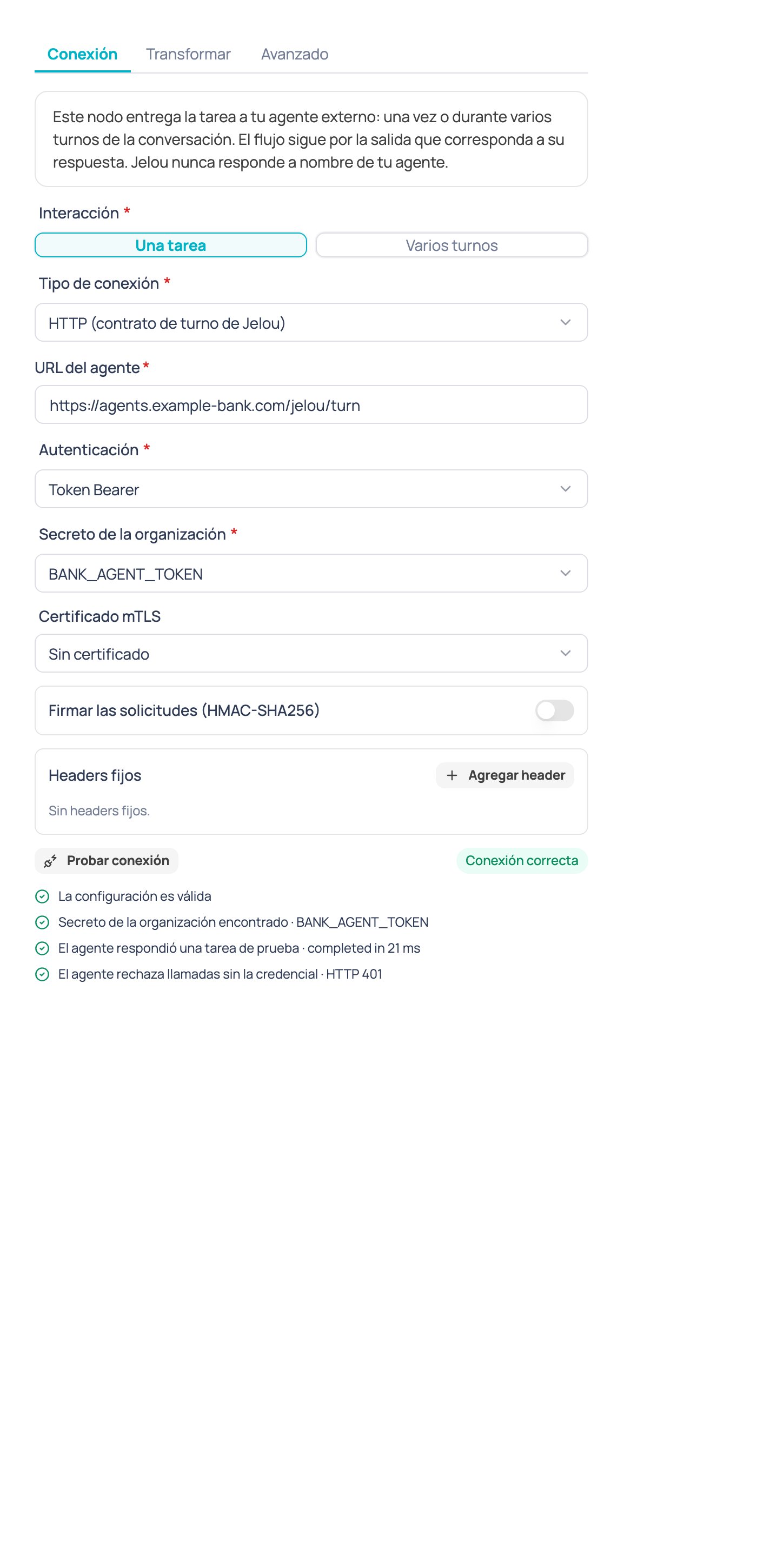 Resultado de Probar conexión cuando todas las verificaciones pasan, con el mensaje 'Conexión correcta'
