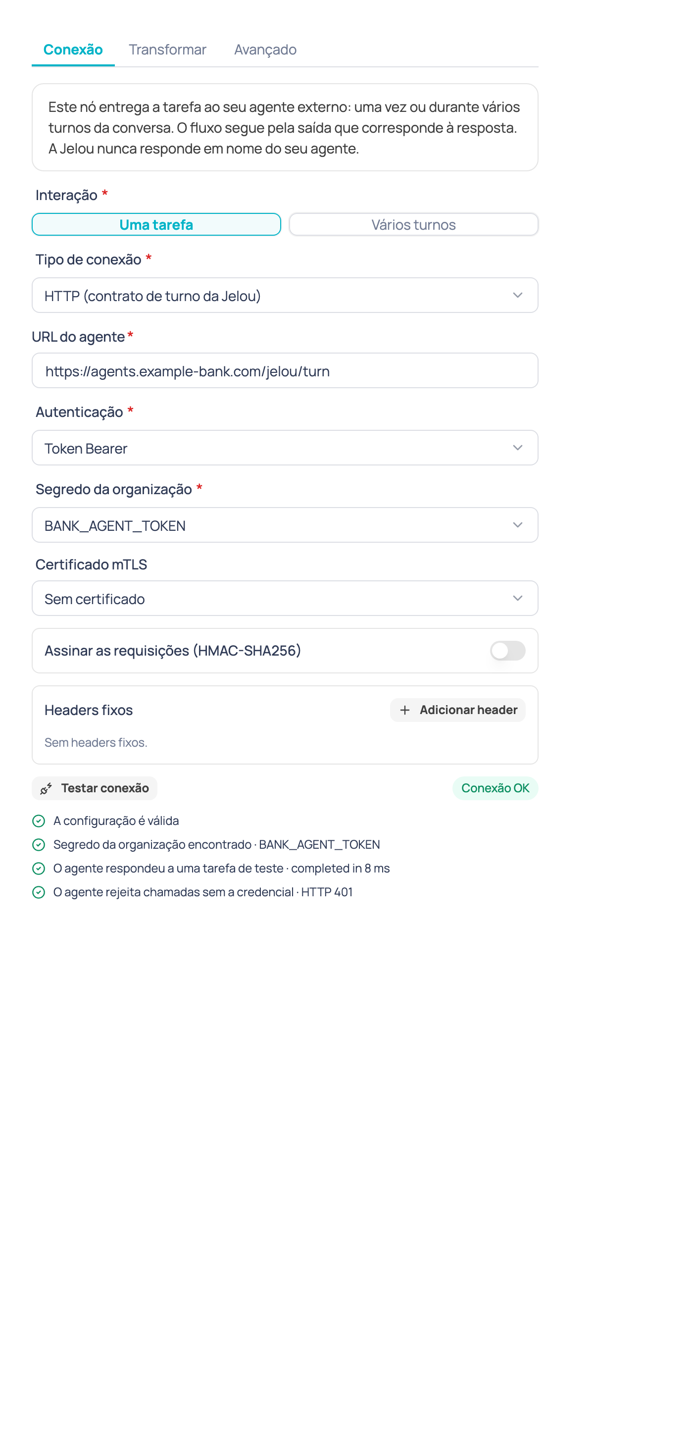 Resultado de Testar conexão quando todas as verificações passam, com a mensagem 'Conexão OK'