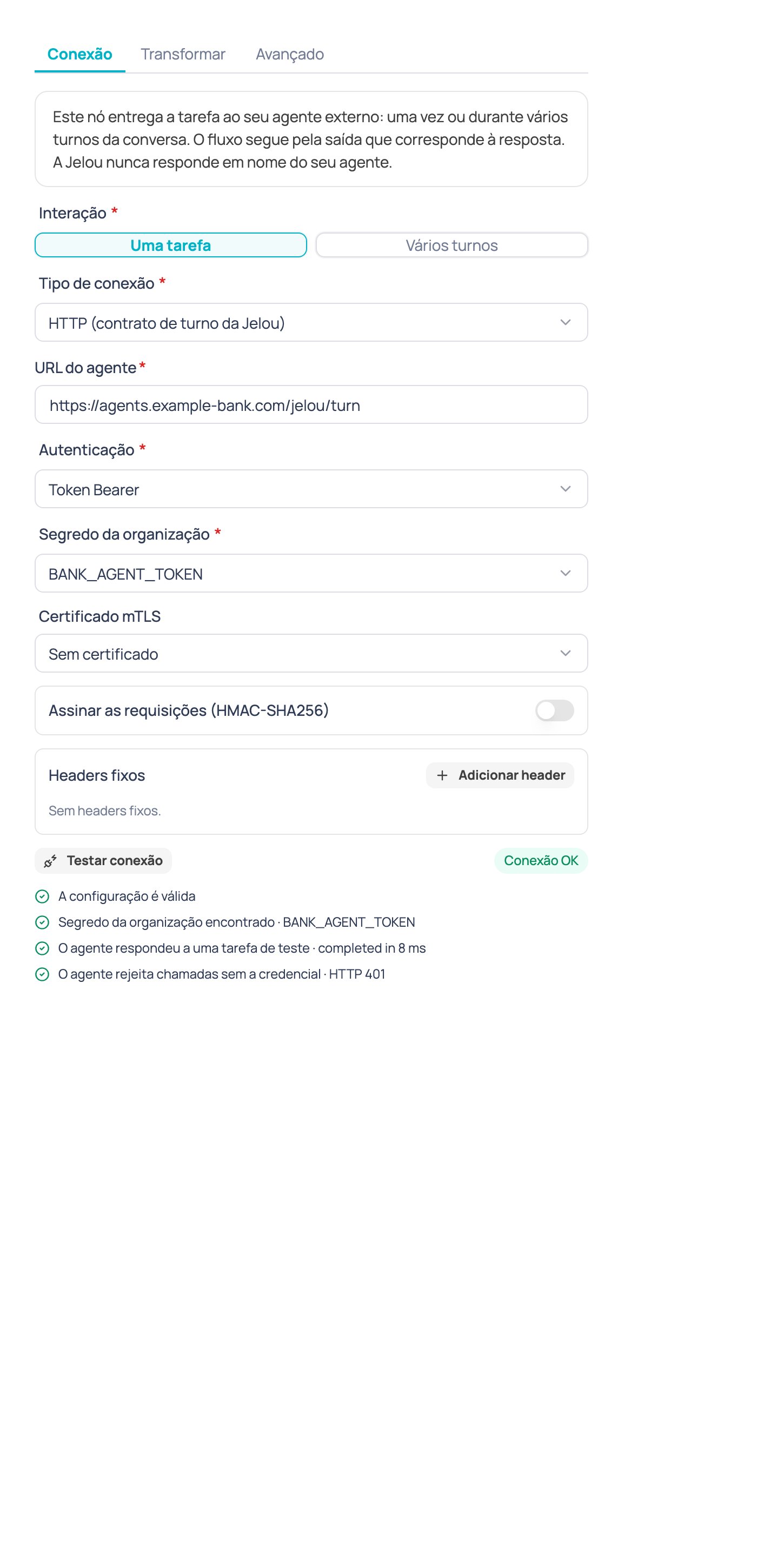 Resultado de Testar conexão quando todas as verificações passam, com a mensagem 'Conexão OK'