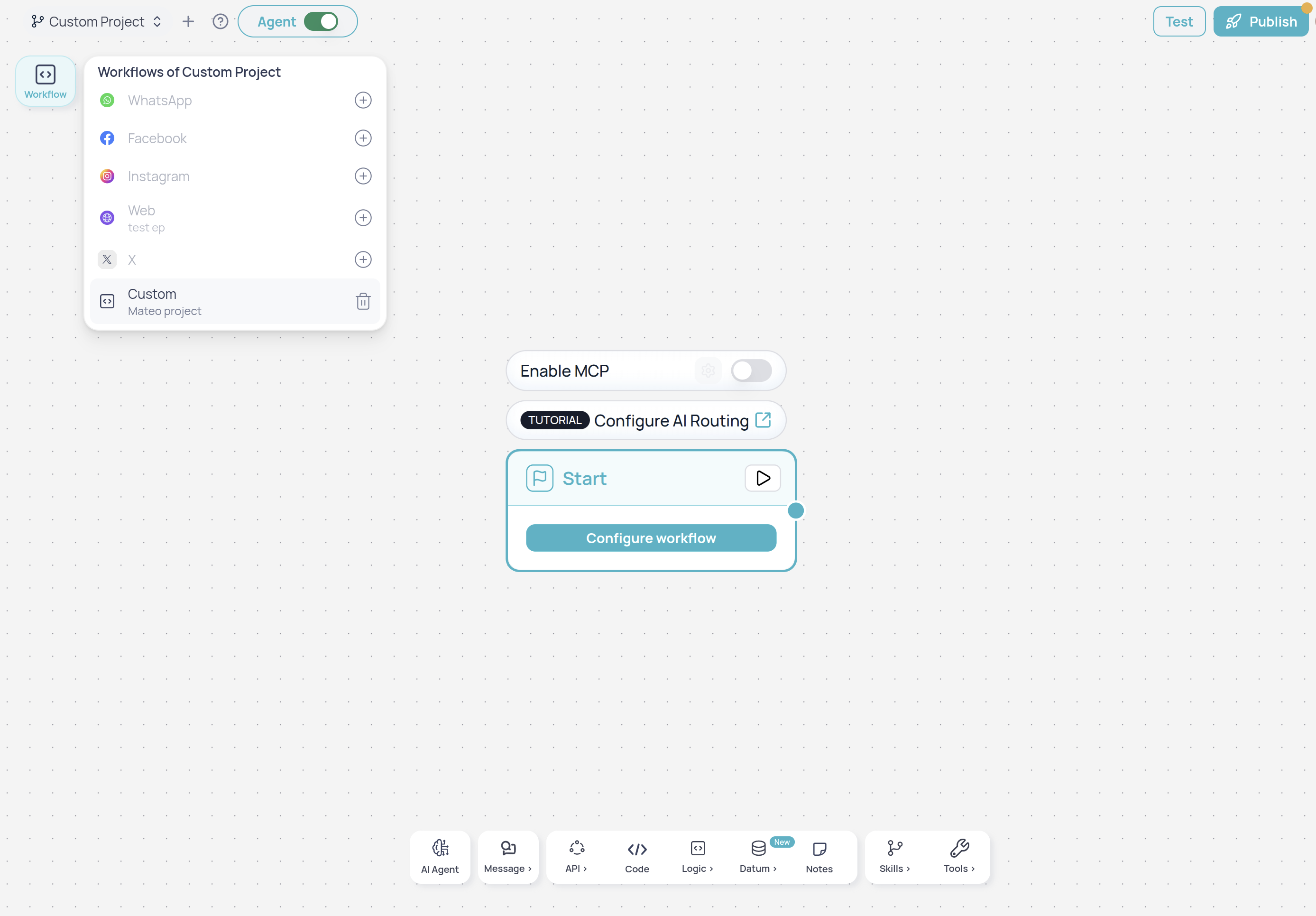 Brain Studio with the custom channel selected in the workflows list and the Start node on the canvas