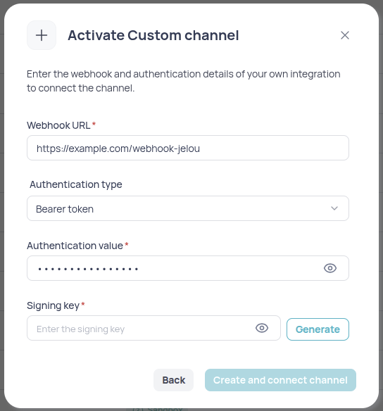 custom channel configuration modal with webhook, authentication, and signing key