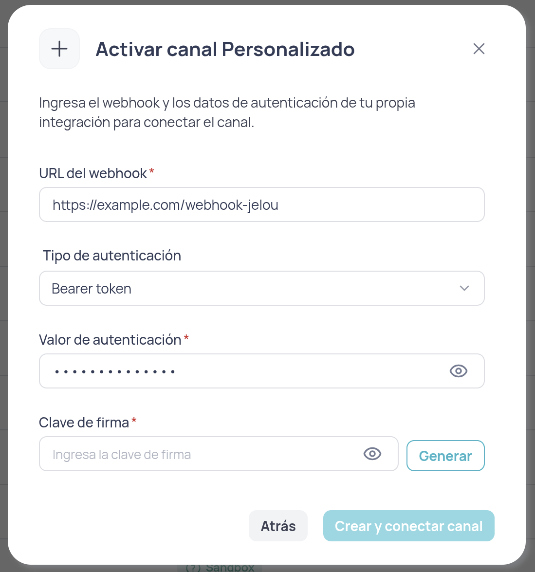 Modal de configuración del canal personalizado con webhook, autenticación y signing key