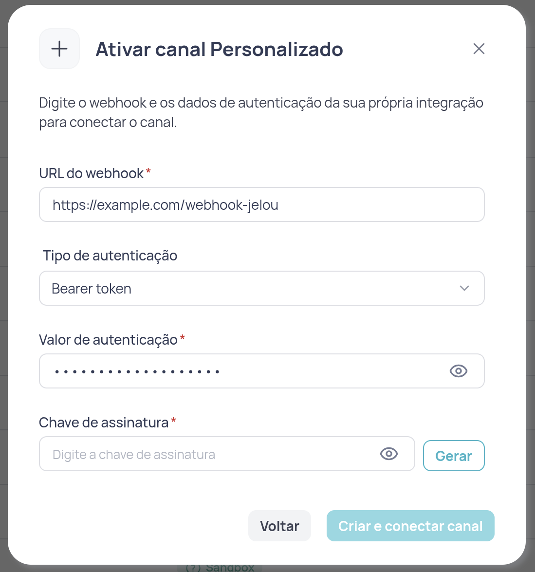 Modal de configuração do canal personalizado com webhook, autenticação e signing key