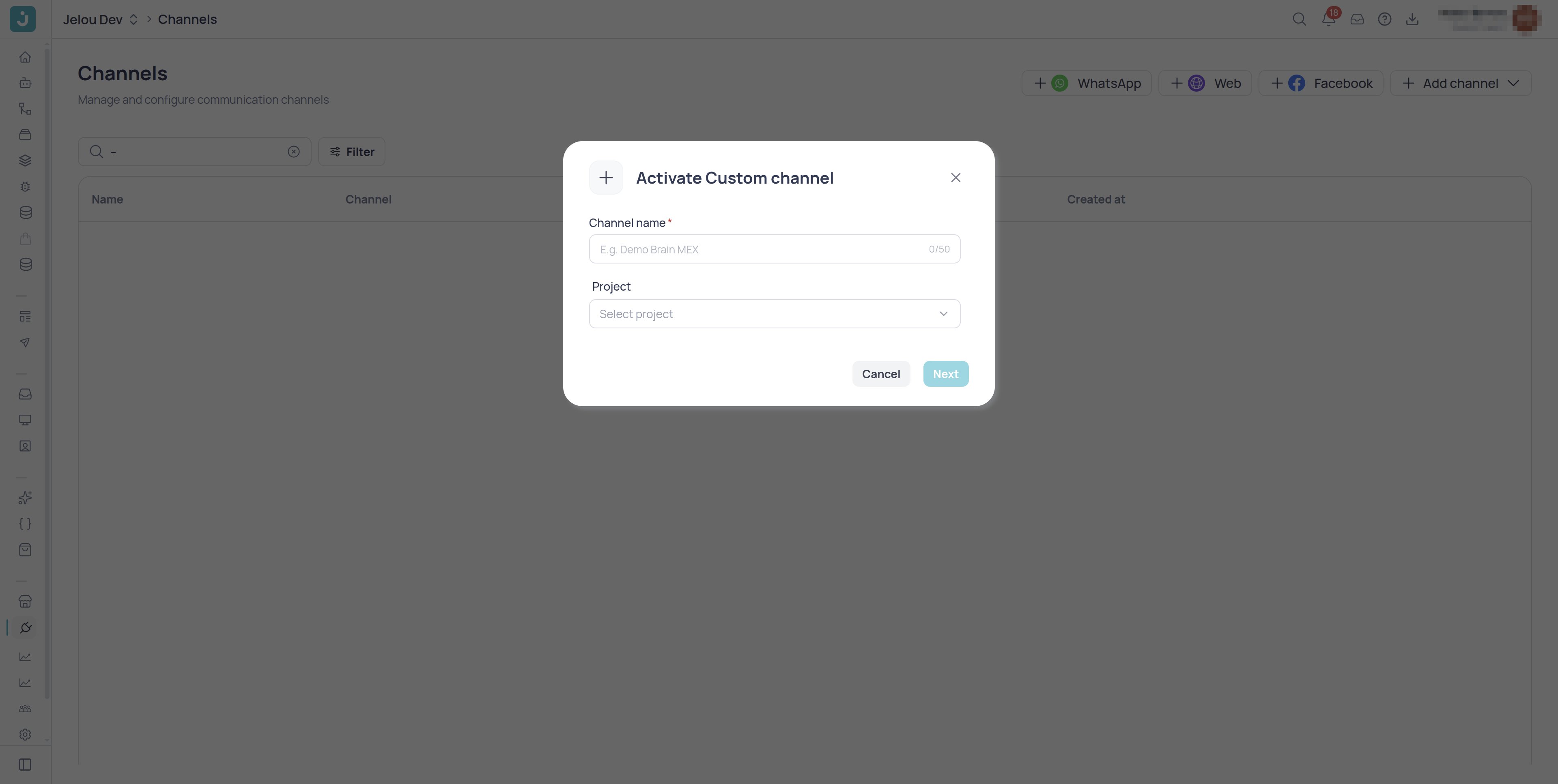 Jelou Channels section with the custom option highlighted