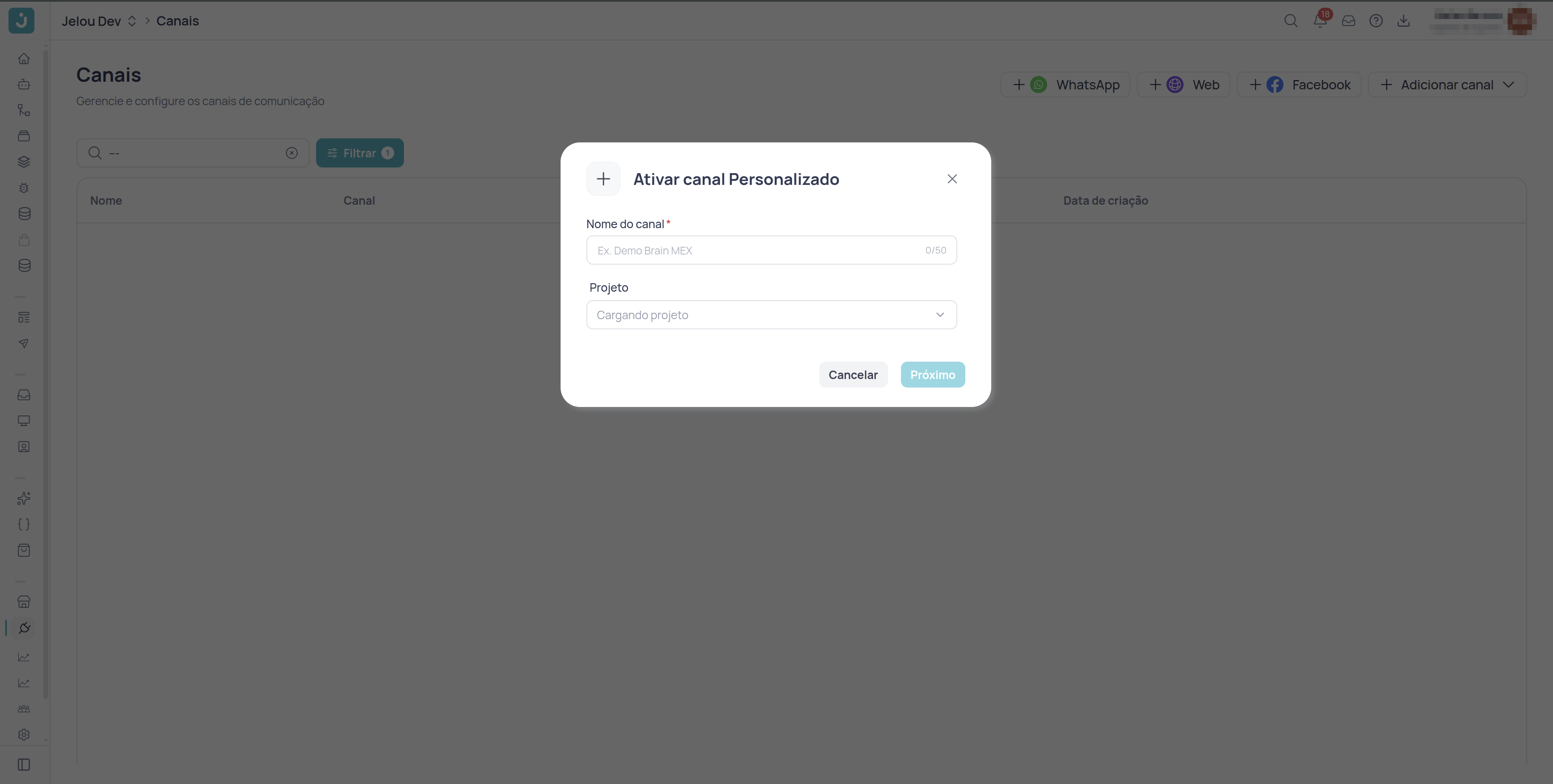 Seção Canais da Jelou com a opção personalizado destacada