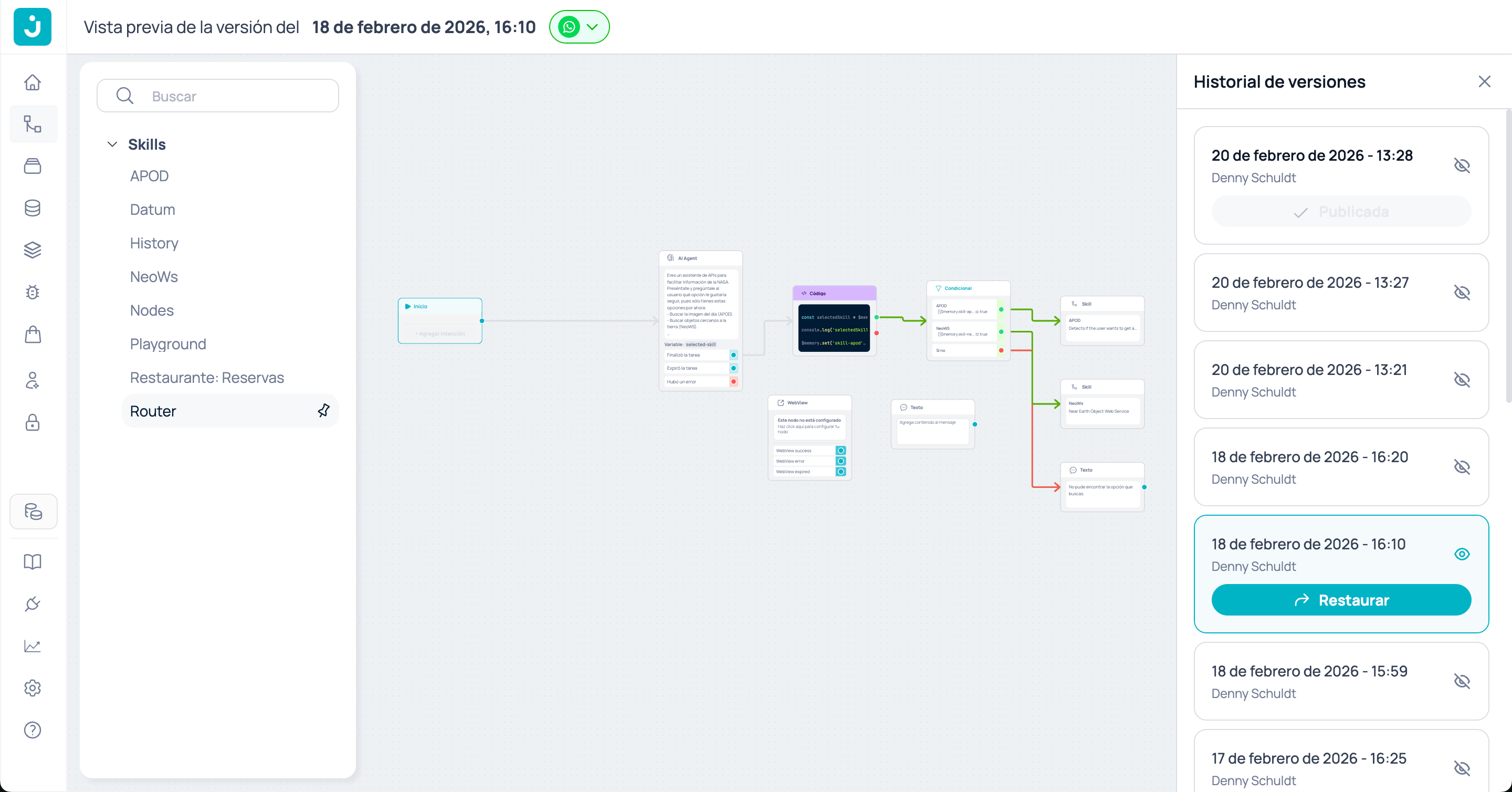 Lista de versiones con fecha, autor y estado en Brain