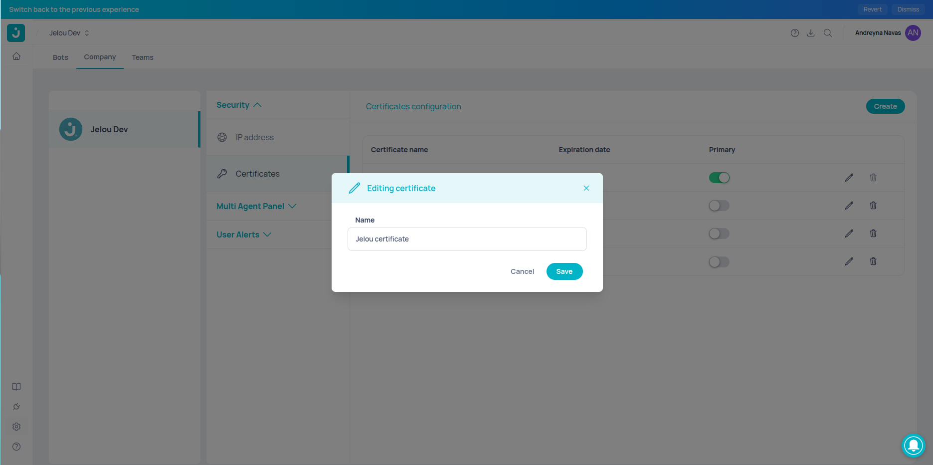 Modal para editar el nombre de un certificado mTLS existente