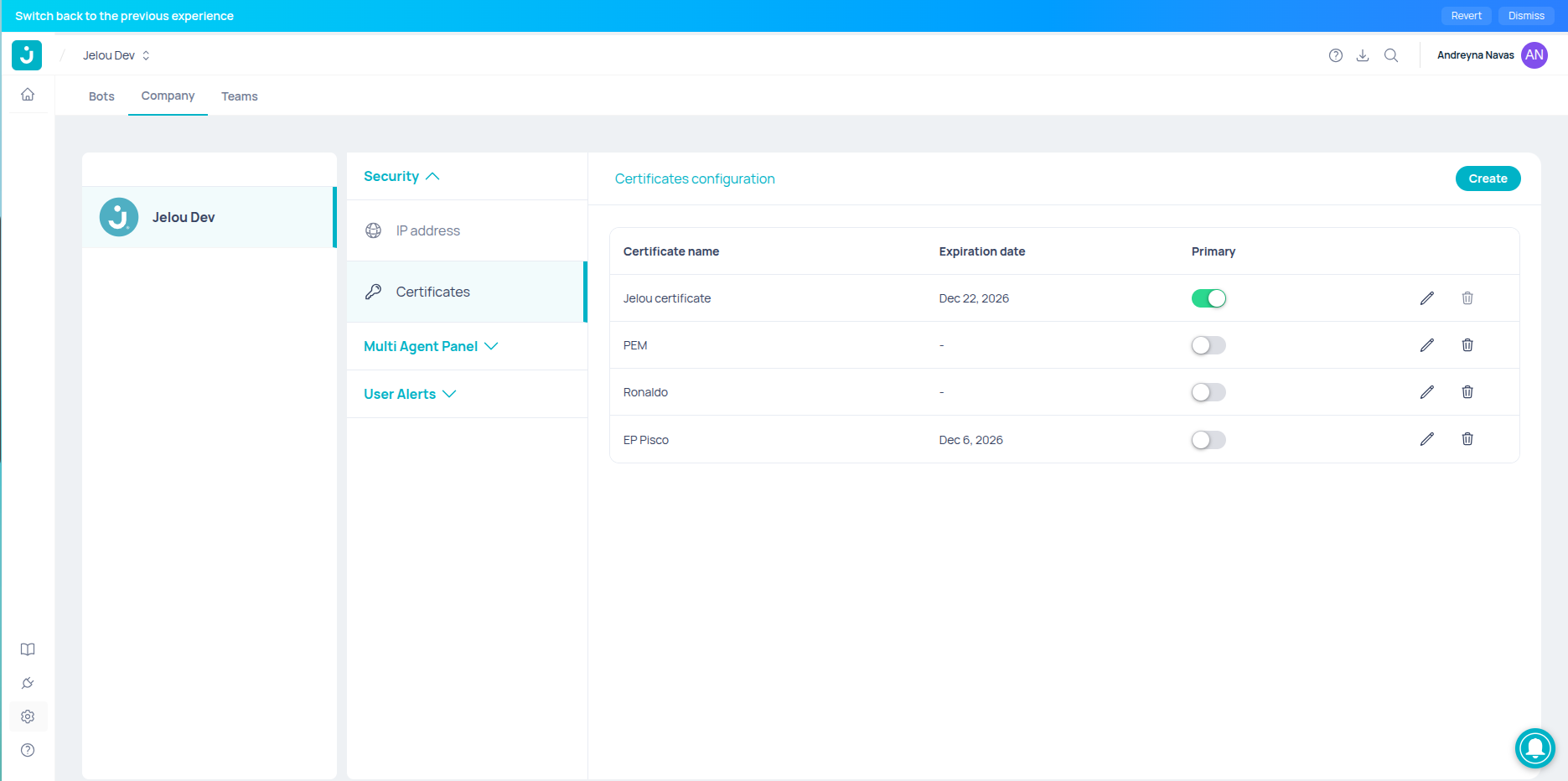 Vista completa de la sección de certificados mTLS mostrando la lista de certificados con sus nombres, fechas de expiración y opciones para marcarlos como primarios