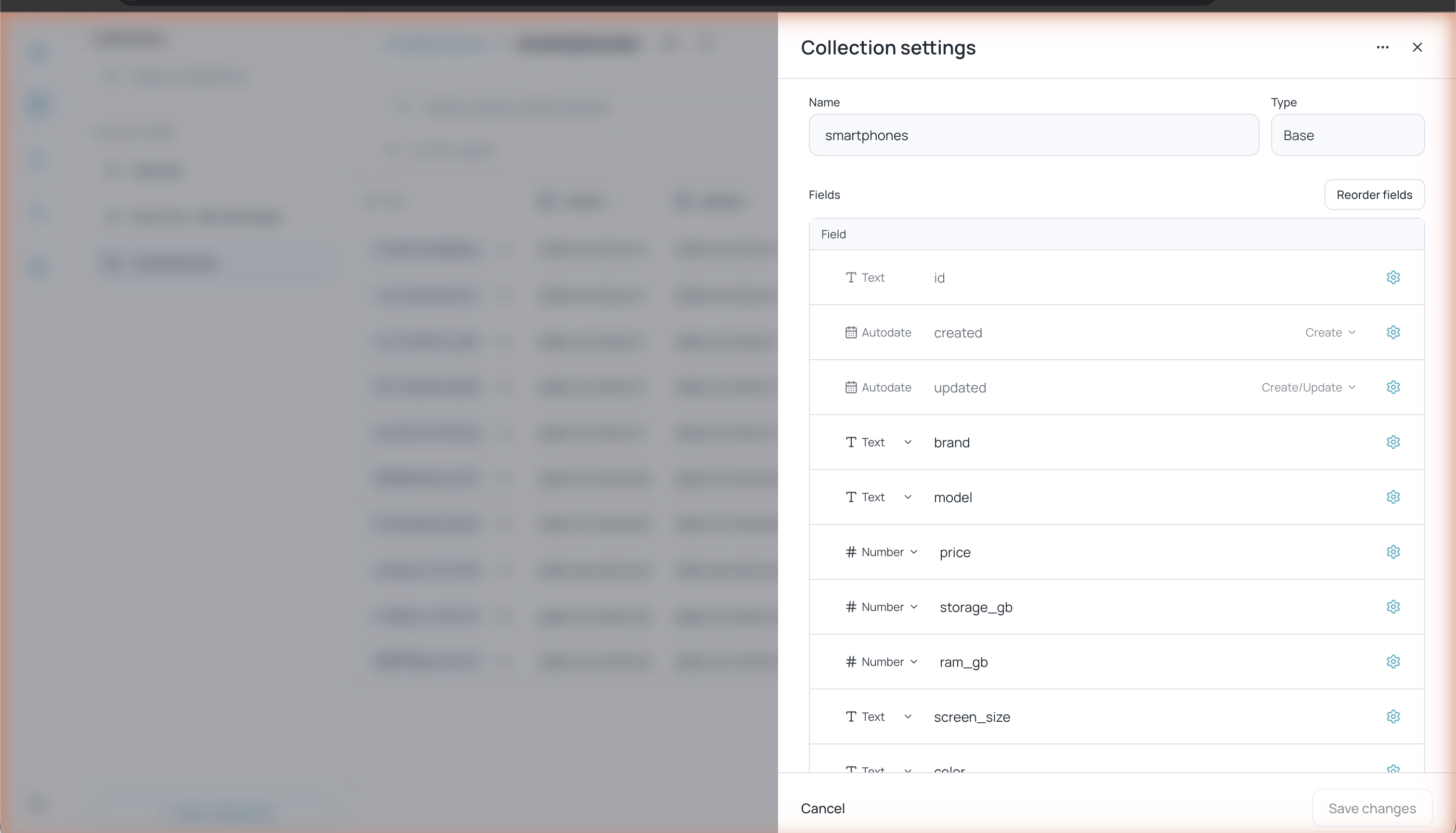 Panel Collection settings mostrando nombre, tipo, lista de campos con sus tipos y opciones de configuración