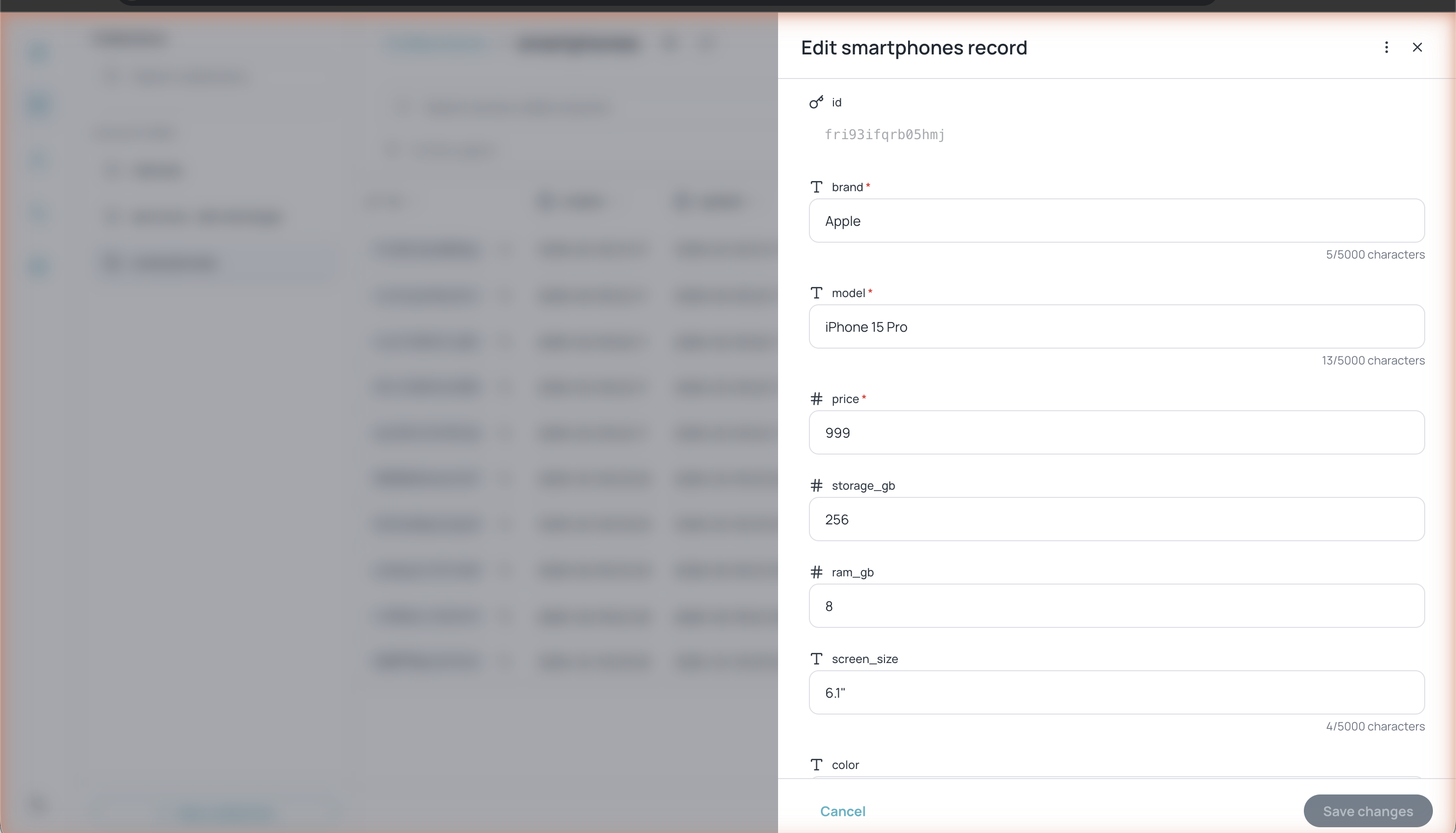 Panel Edit record mostrando campos editables con valores, contadores de caracteres y botón Save changes