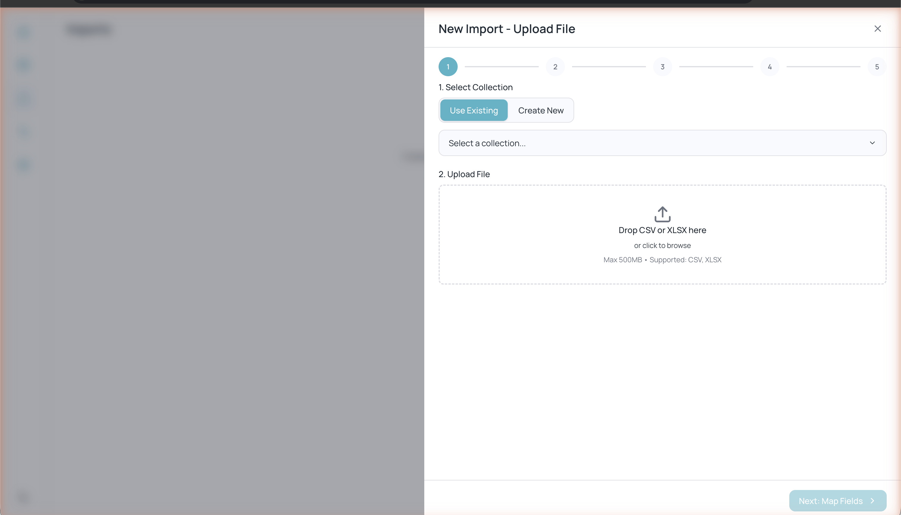 Asistente de importación mostrando paso 1 con opciones Use Existing y Create New, selector de colección y zona de carga de archivos