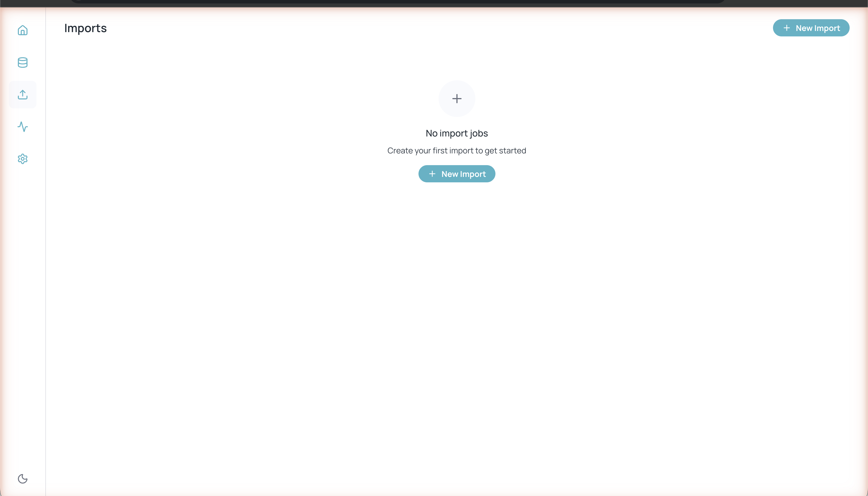 Página de importaciones con botón New Import y estado vacío indicando que no hay importaciones