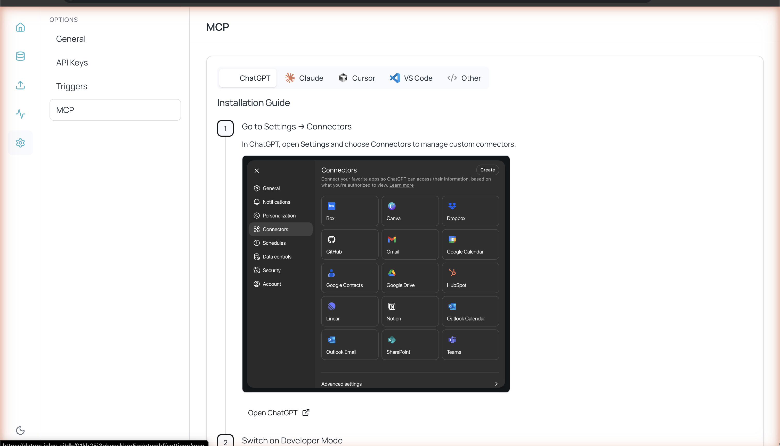 Página de configuración MCP con pestañas ChatGPT, Claude, Cursor, VS Code y Other, mostrando la guía de instalación paso a paso