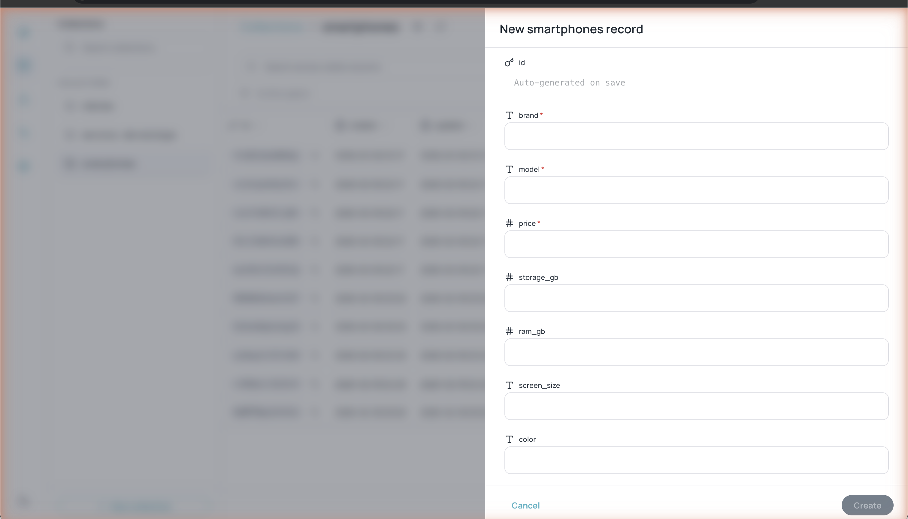 Formulario New record con campos brand, model, price y más, mostrando tipos de campo e indicadores de campo obligatorio