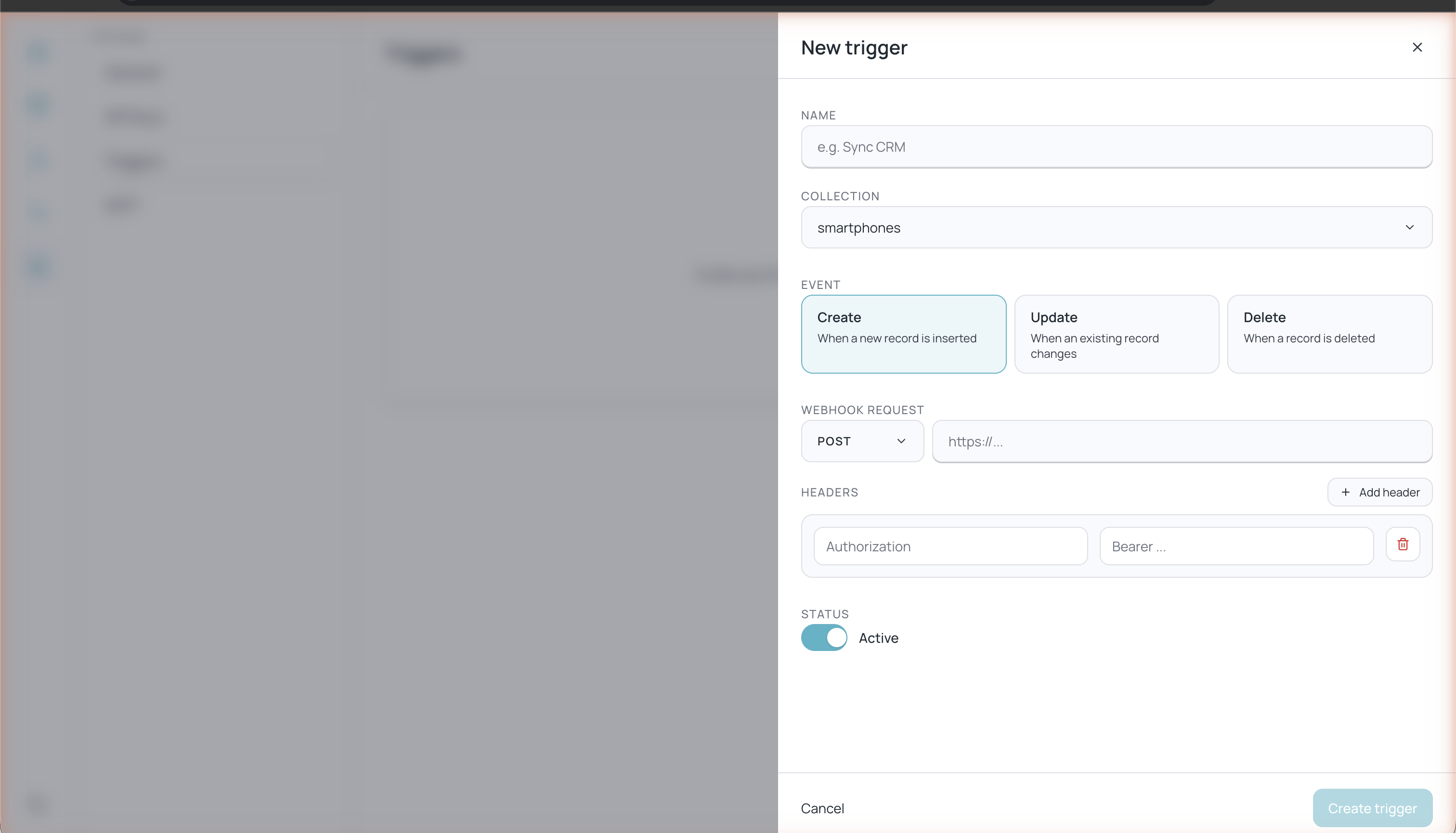 Formulario New trigger con campos Name, Collection, Event (Create, Update, Delete), Webhook Request, Headers y Status