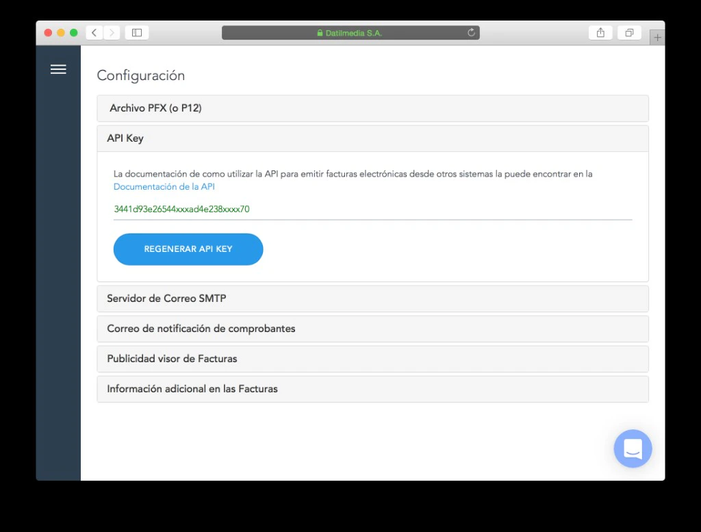 Datil settings with API Key section expanded, key visible, and Regenerate API Key button