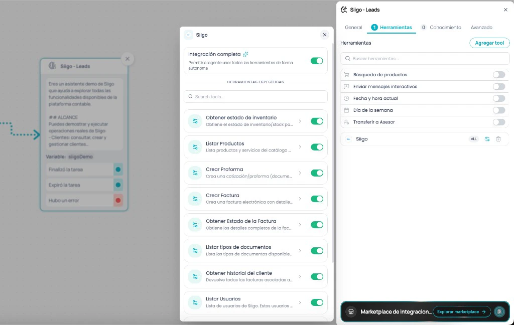 AI Agent side panel in Brain Studio: Tools tab with Siigo added and configuration accessible