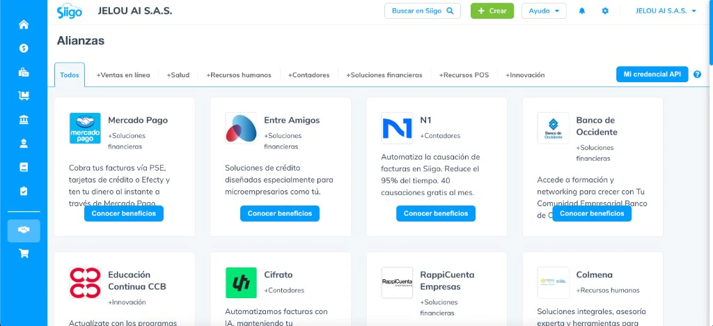 Alianzas screen in Siigo Nube with the Mi credencial API button visible in the upper-right area