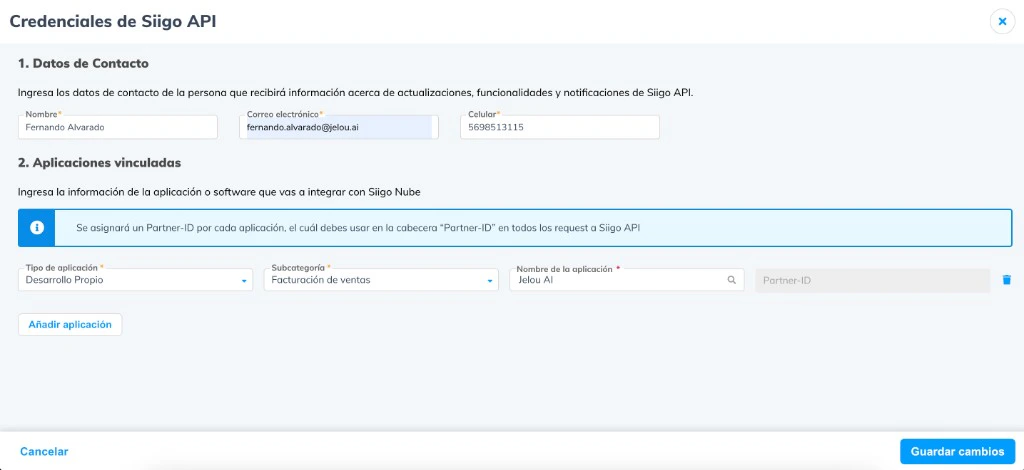 Siigo API credentials screen showing Desarrollo Propio type, Facturación de ventas subcategory, and application name