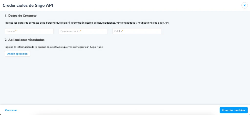 Siigo API Credentials screen in Siigo Nube with Contact data and Linked applications sections