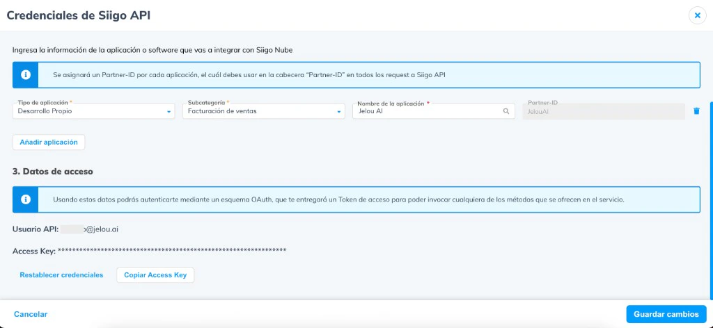 Siigo API credentials screen showing Partner-ID, API User, and Access Key