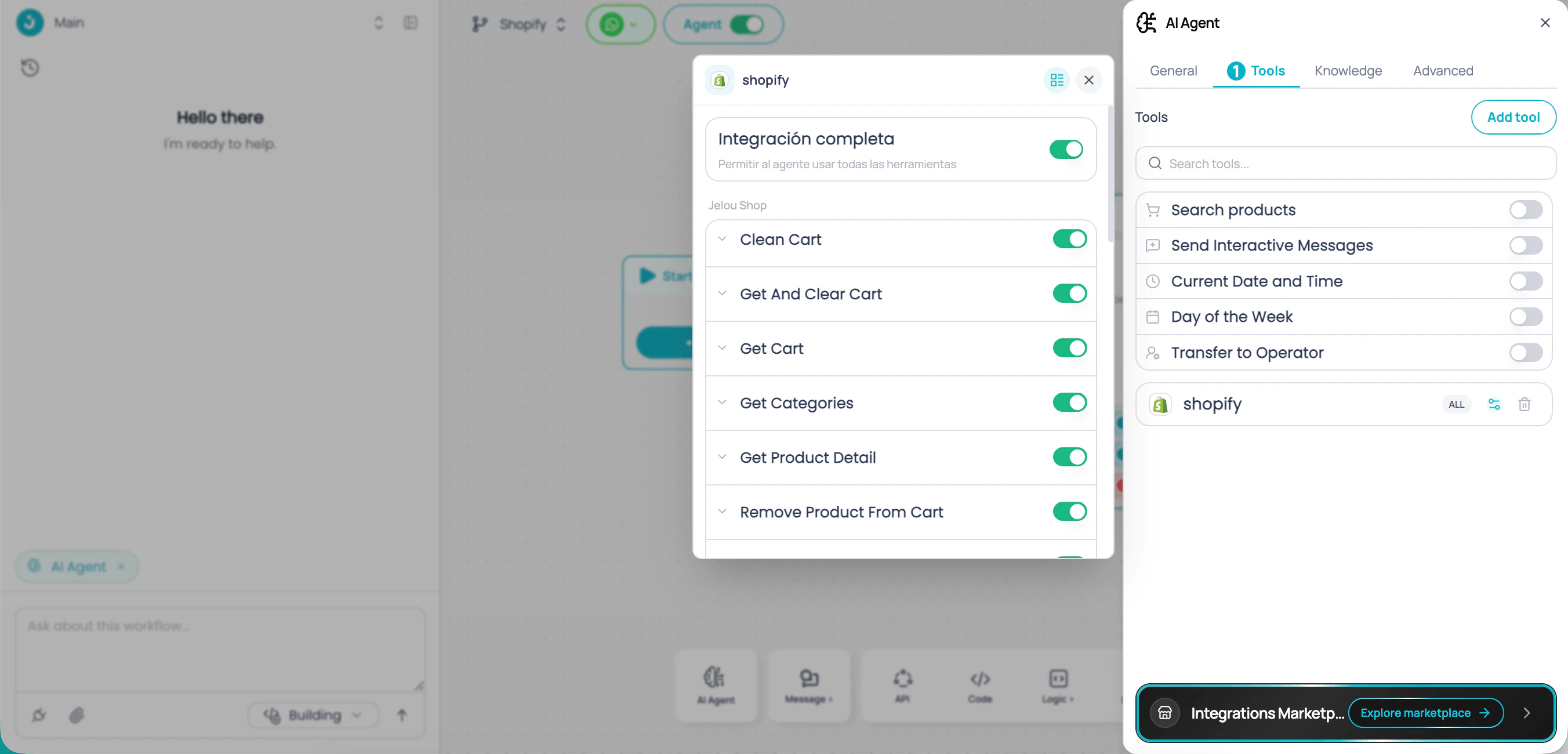 Shopify and Jelou Shop connection in Brain Studio