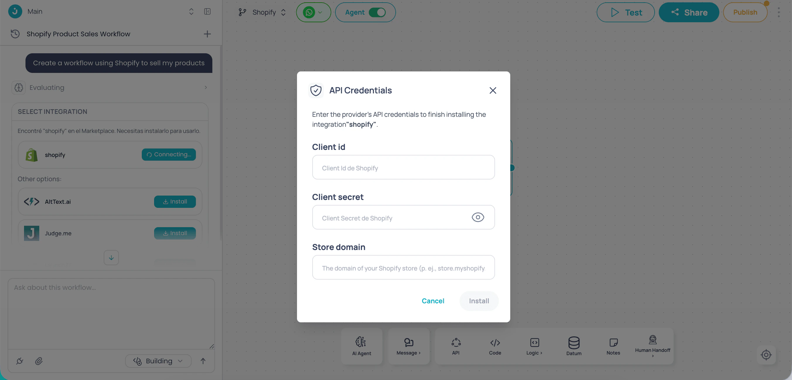 Integrate Shopify using the Jelou Agent in Brain Studio